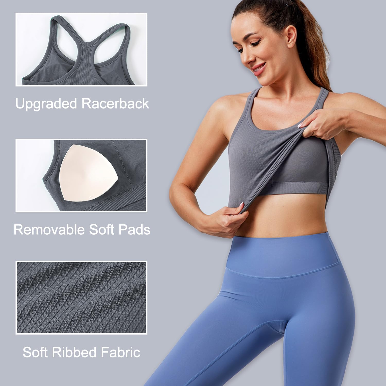 Evercute Women's 1/2/3 Pack Ribbed Workout Tank Tops with Built-in Bra - Racerback Seamless Crop Camisole for Yoga, Gym & Running | Athletic Sports Tanks for Women
