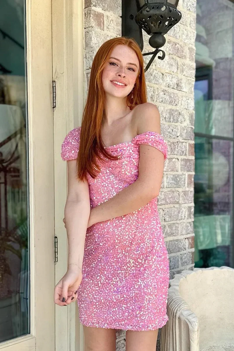 Pink Sequin Off The Shoulder Short Homecoming Dress J4224 - Perfect for Prom, Party, and Special Occasions