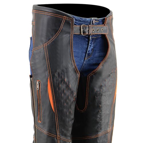 Premium Milwaukee Leather Motorcycle Chaps for Women - Black & Orange with Laser Cut Accent Stitching (MLL6525, Large) | Durable Riding Gear for Harley, Cruiser & Adventure Bikes