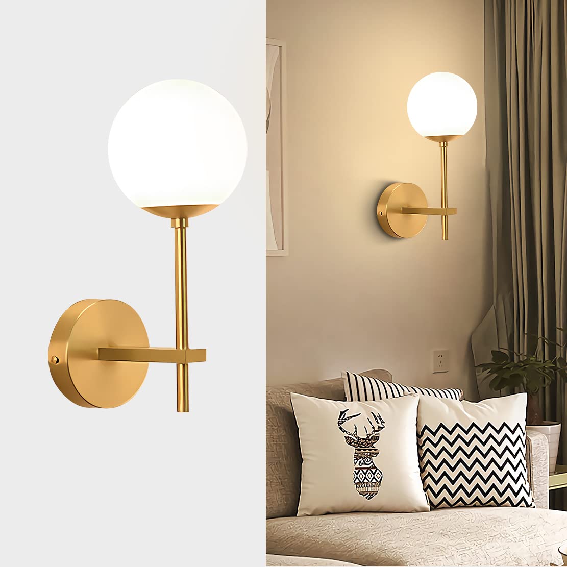 Vintage Brushed Gold Wall Sconce - Mid Century Modern 1-Light Globe Round Wall Light Fixture with Frosted White Glass for Bathroom Vanity, Bar, Living Room & Bedroom Lighting