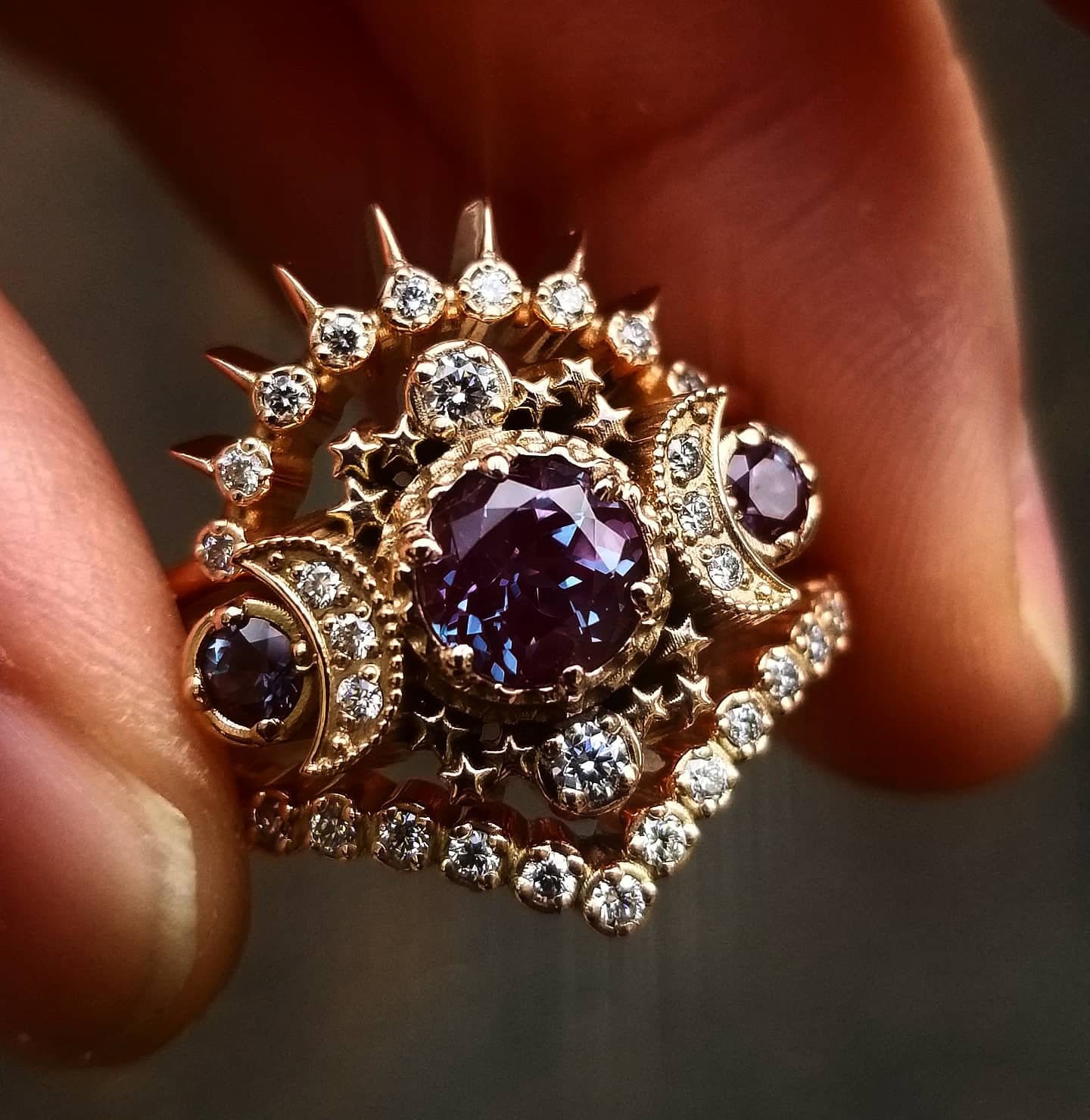 Black Diamond & Alexandrite Cosmos Yellow Gold Crescent Moon Engagement Ring Set - Gothic Modern Nature Wedding Rings for Women - Perfect for Gothic Weddings, Nature-Inspired Proposals & Unique Anniversary Gifts