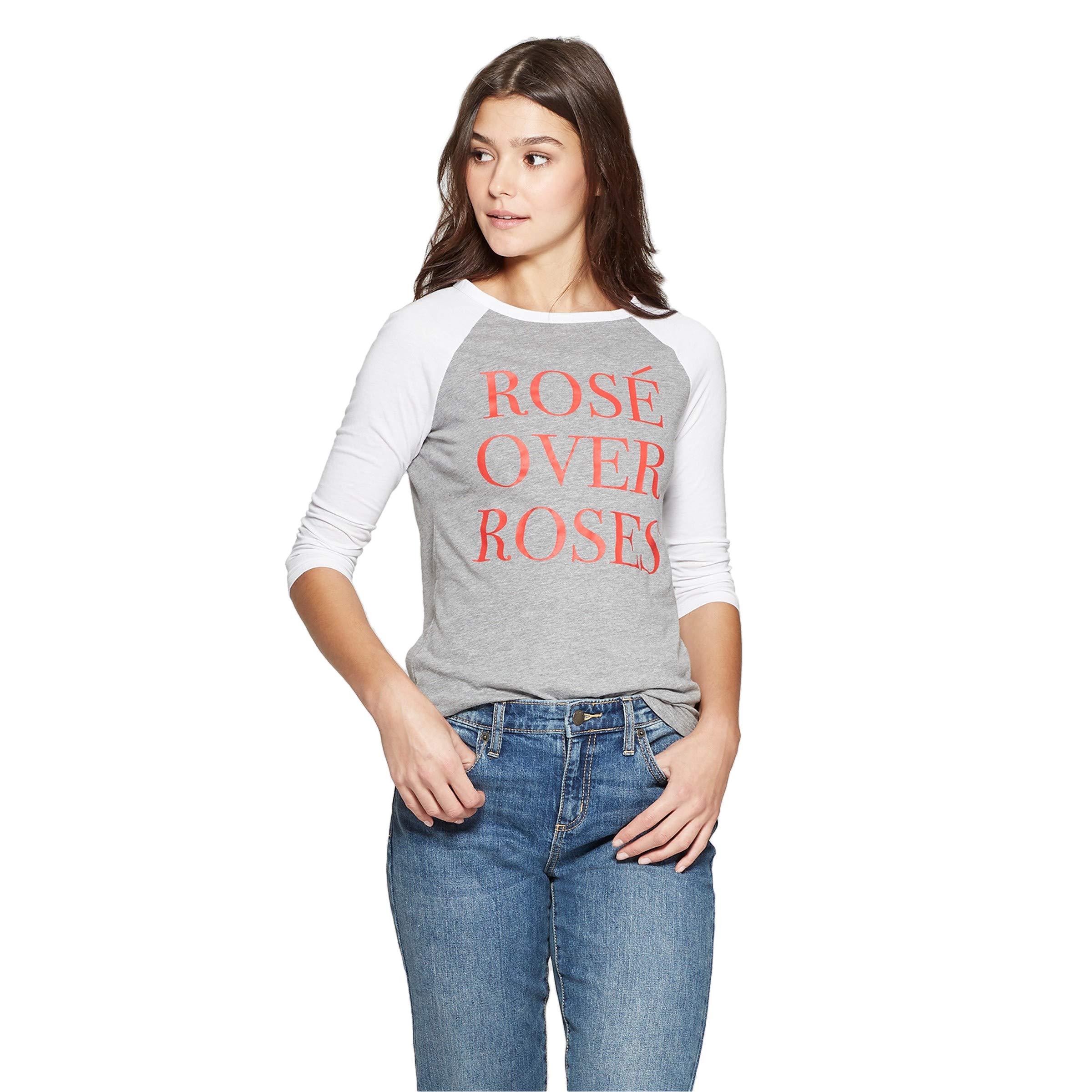 Women's Rose Over Roses Gray Raglan Tee Shirt - Valentine's Day Holiday T-Shirt for Women - Casual Comfort Fit Short Sleeve Top for Date Night, Gift Giving & Romantic Occasions