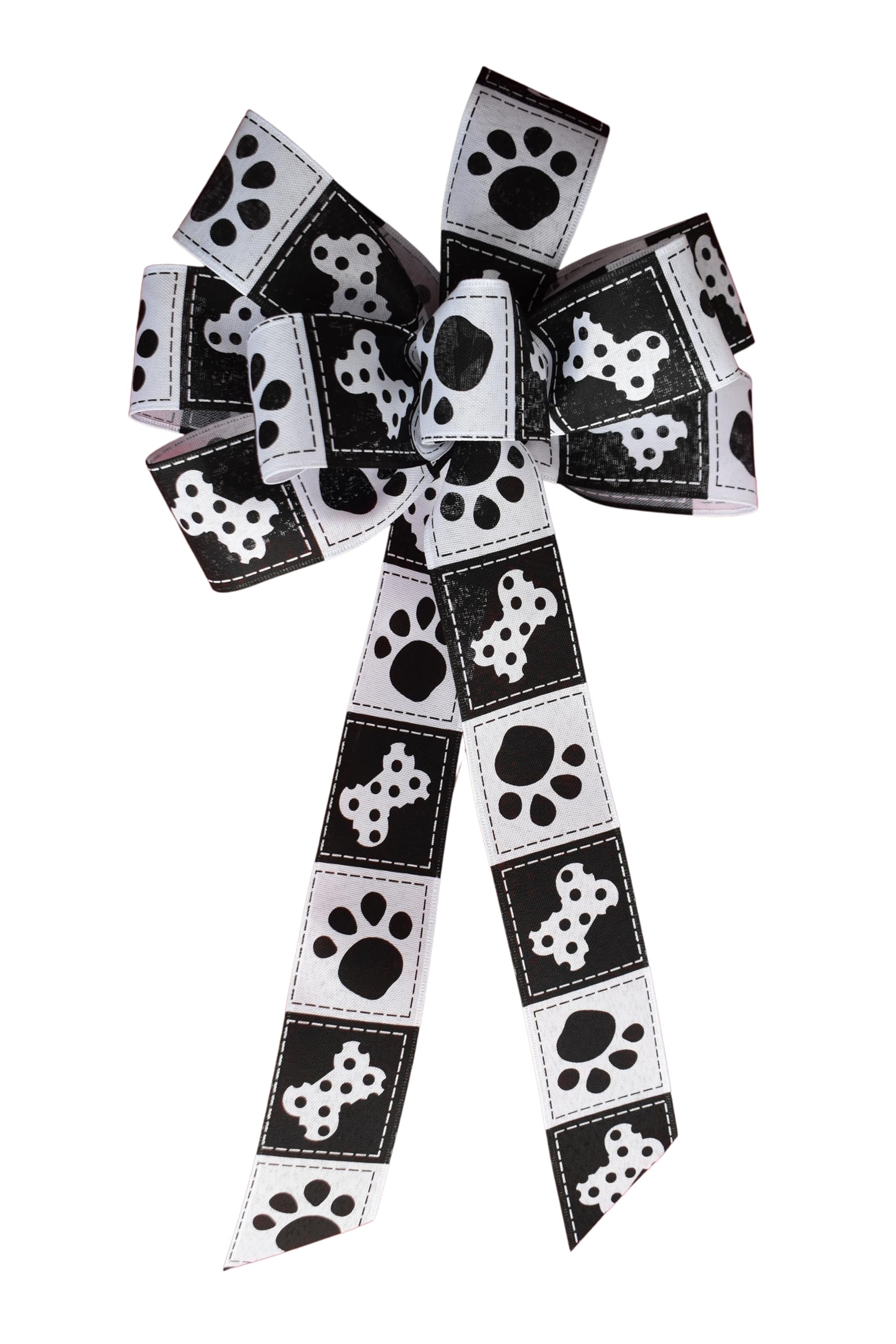 Large 8-Inch Dog Bones and Paws Wired Wreath Bow with White Linen for Pet Lovers - Perfect for Front Door Decor, Pet-Themed Parties & Holiday Home Decoration