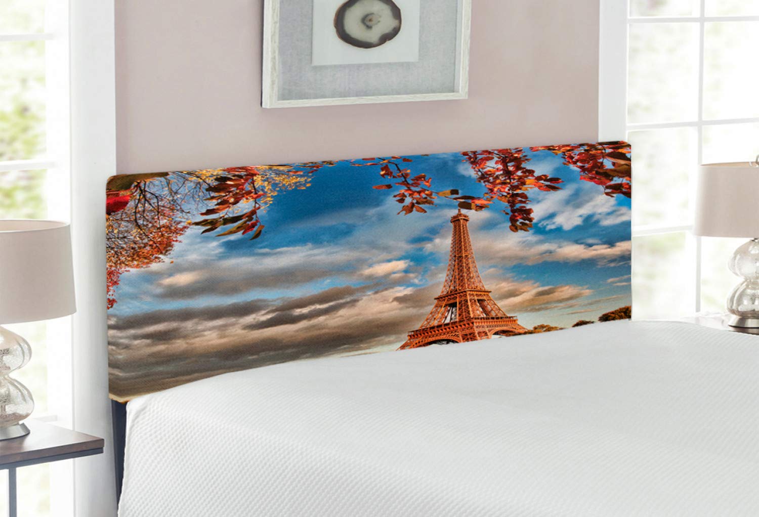 Ambesonne Parisian Eiffel Tower Headboard - Full Size Upholstered Decorative Metal Bed Frame with Memory Foam in Dark Orange Cinnamon | Vintage French Theme Bedroom Decor for Home & Vacation Rentals