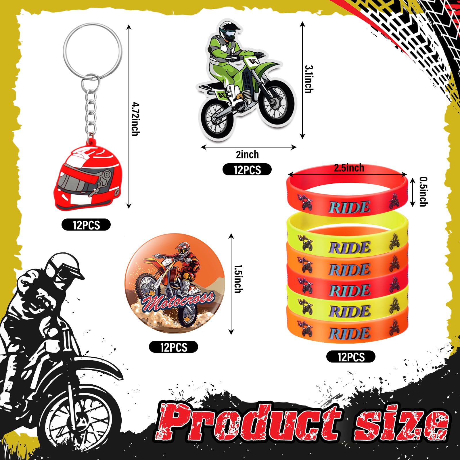 Capoda 122 Pcs Dirt Bike Party Favor Supplies Kit - Motocross Themed Decorations, Rubber Bracelets, Ride Button Badges, Stickers, Stamps, Gift Bags & Keychains for Teens & Motocross Fans - Perfect for Birthday Parties, Motocross Events & Themed Celebrations