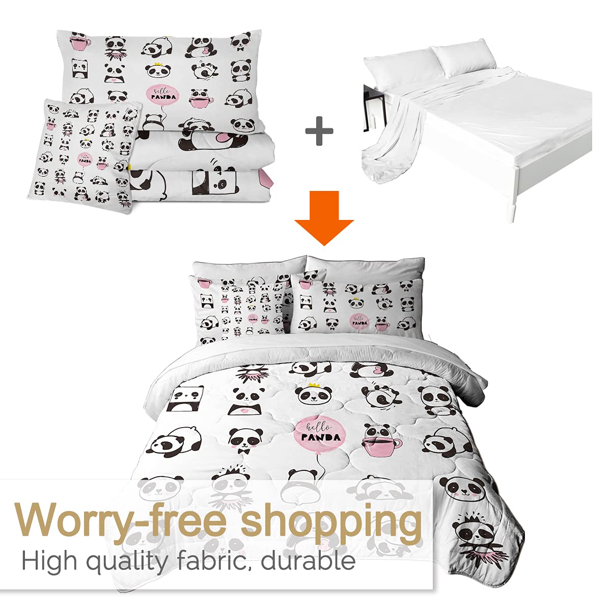 BlessLiving Panda Bear Bedding Set Queen Size - 8 Piece Cute Black White Pink Bed Set with Comforter, Pillow Shams, Sheets & Cushion Cover | Soft Kids Bedroom Decor for Boys & Girls | Perfect for Cozy Sleepovers, Nursery Rooms & Teen Bedrooms
