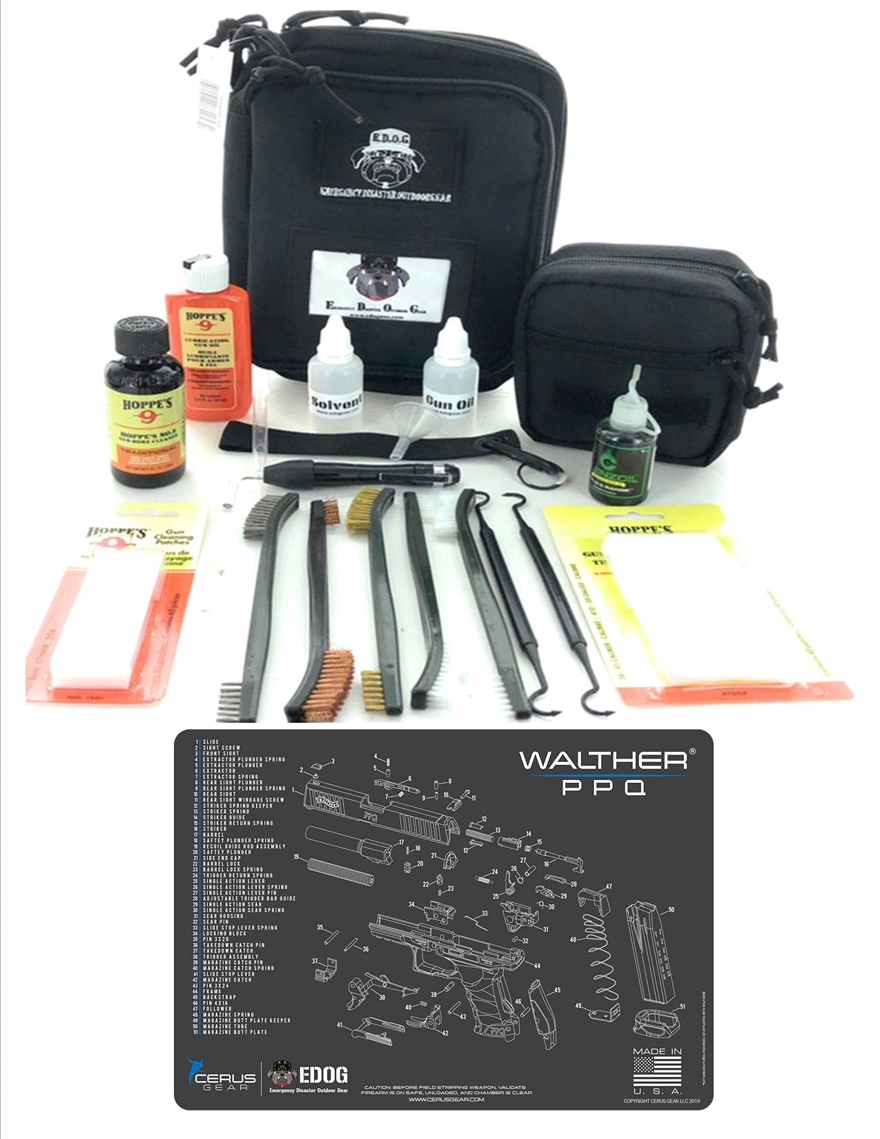 RangeMaster Elite EDC Bag Gun Cleaning Kit - Walther PPQ Compatible with Schematic Mat (Exploded View), Hoppes No.9 Solvent, Clenzoil CLP & 10-Piece Accessories | Perfect for Range Shooting, Hunting & Firearm Maintenance