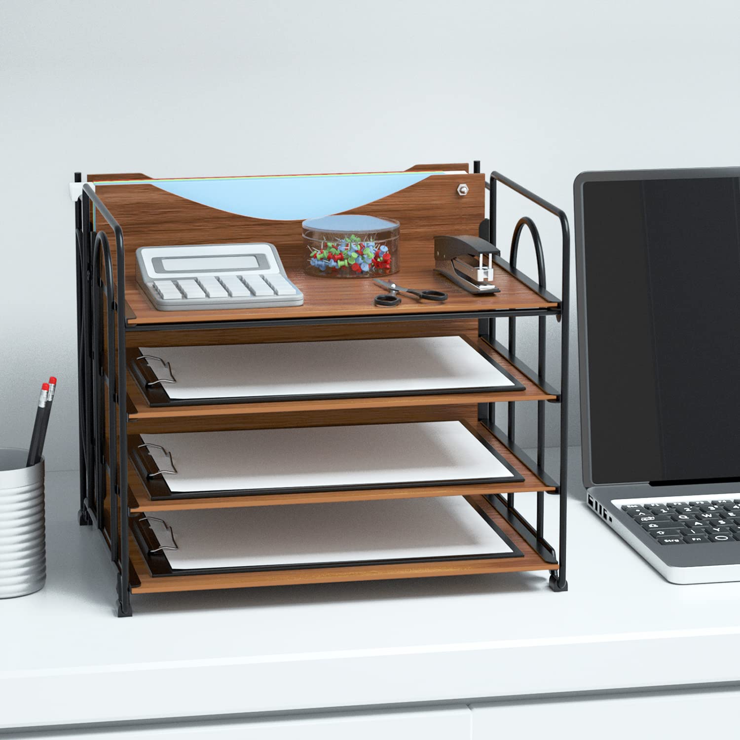 LUCYCAZ 4-Tier Wooden File Organizer for Desk - Letter & A4 Size Hanging File Holder | Office, School & Home Desktop Storage Solution | Perfect for Documents, Bills, and Stationery Organization (Black)