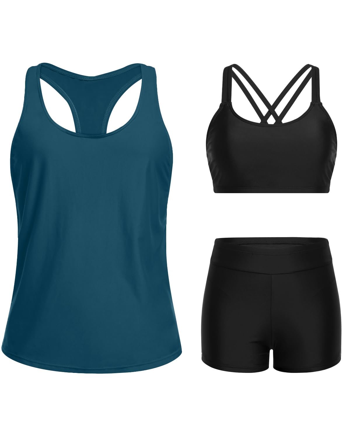 Holipick Women's 3-Piece Athletic Tankini Swimsuits - Swim Tank Top, Boy Shorts & Sports Bra Set - High Performance Swimwear for Surfing, Yoga & Beach Workouts