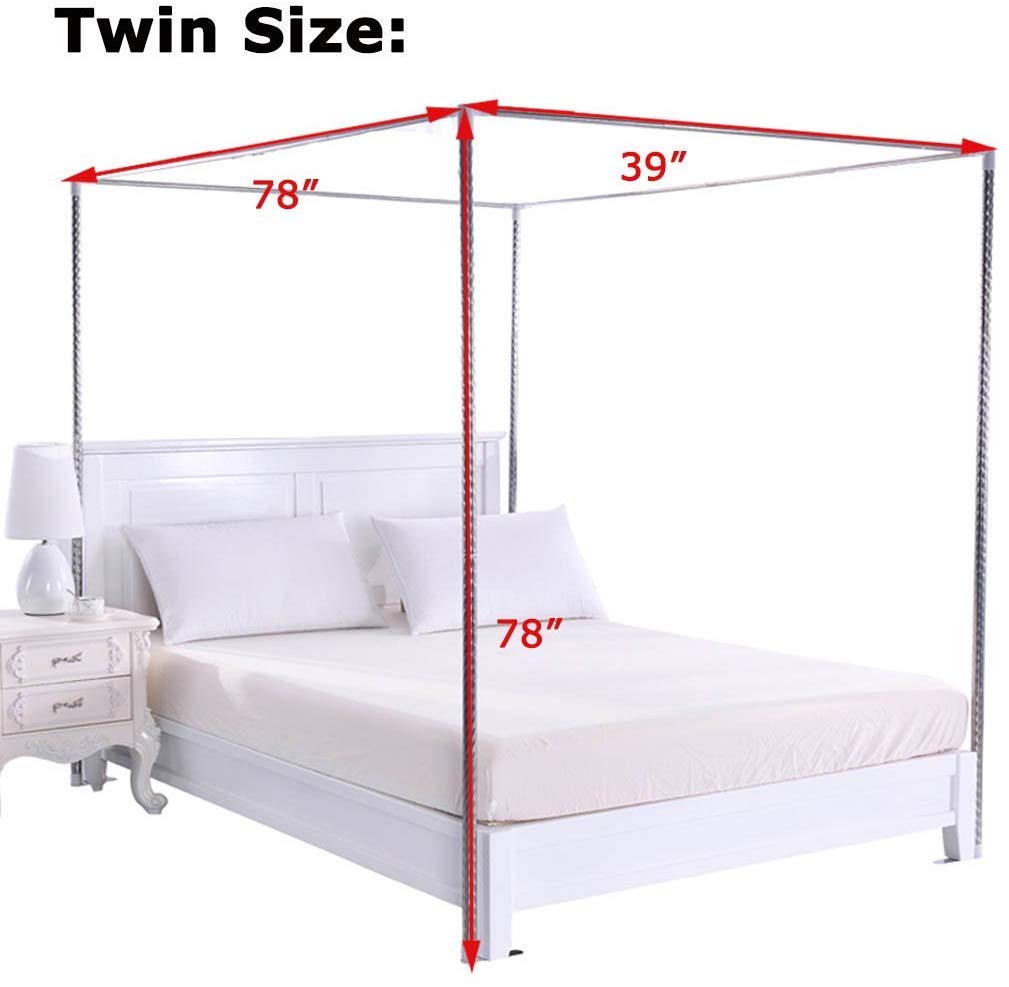 Elegant Silver Thickened Stainless Steel 4-Poster Bed Frame with Canopy - Twin Size, Heavy Duty Metal Structure for Bedroom Decor (Girls, Boys, Adults) - Perfect for Princess Bedrooms, Boho Chic Decor & Romantic Gift Ideas