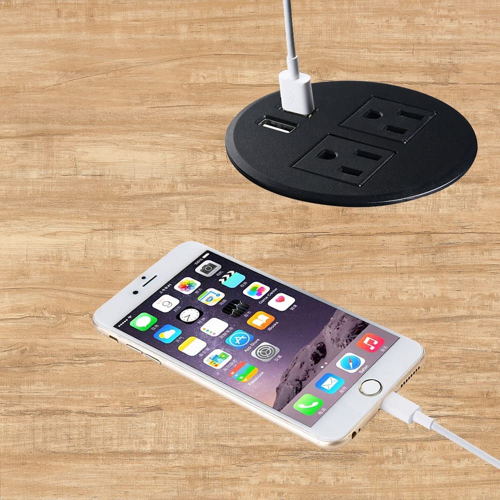 Black Desk Power Grommet with 4 USB Ports & 3 AC Outlets - Recessed Power Strip for Home Office, Conference Room, Countertop, Sofa Cabinet - Cable Management Solution for Workstations & Entertainment Centers