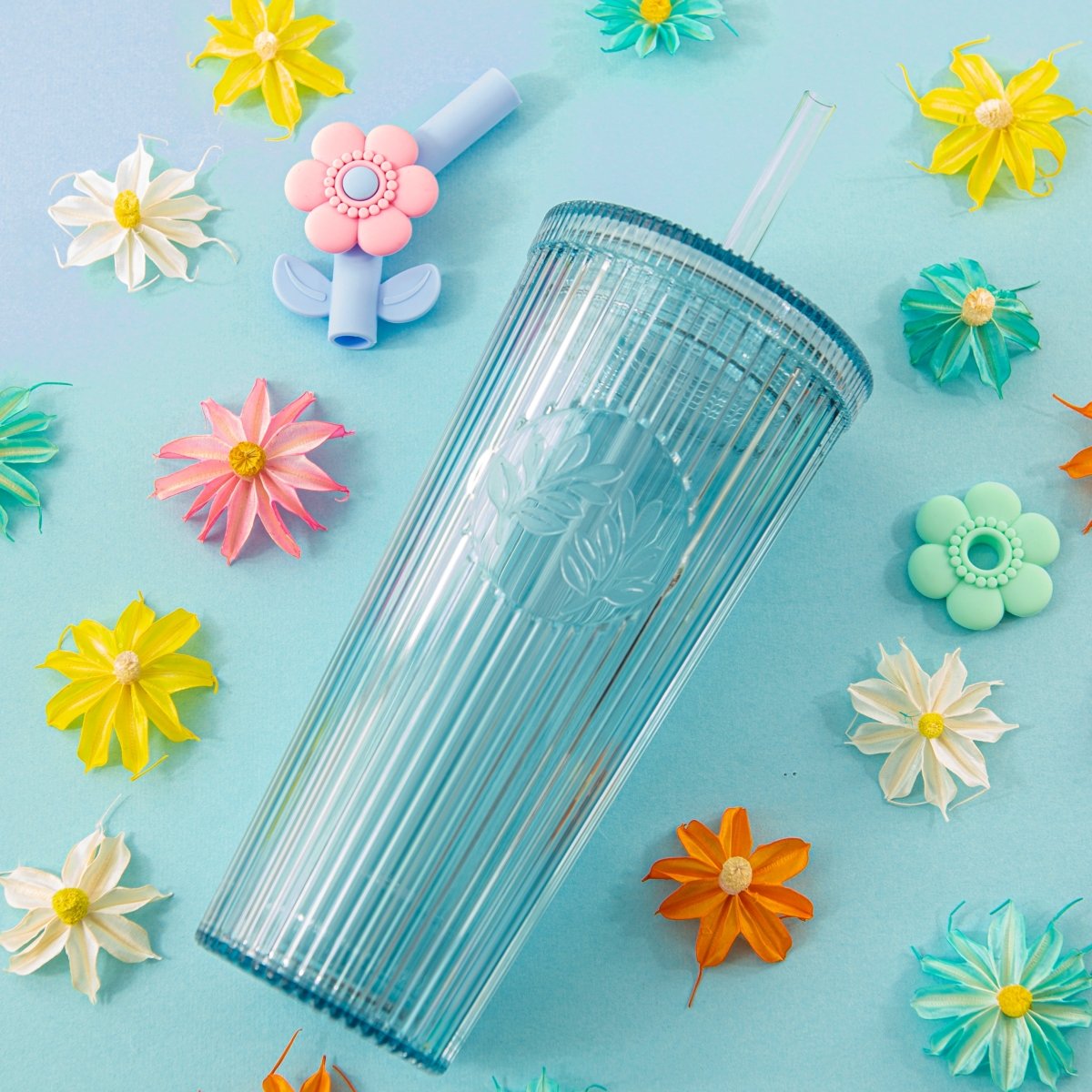 26oz Insulated Tumbler with Straw & Leak-Proof Lid - Cute Flower Silicone Straw Tips in Botanica Blue - Perfect for Iced Coffee, Smoothies & Outdoor Activities