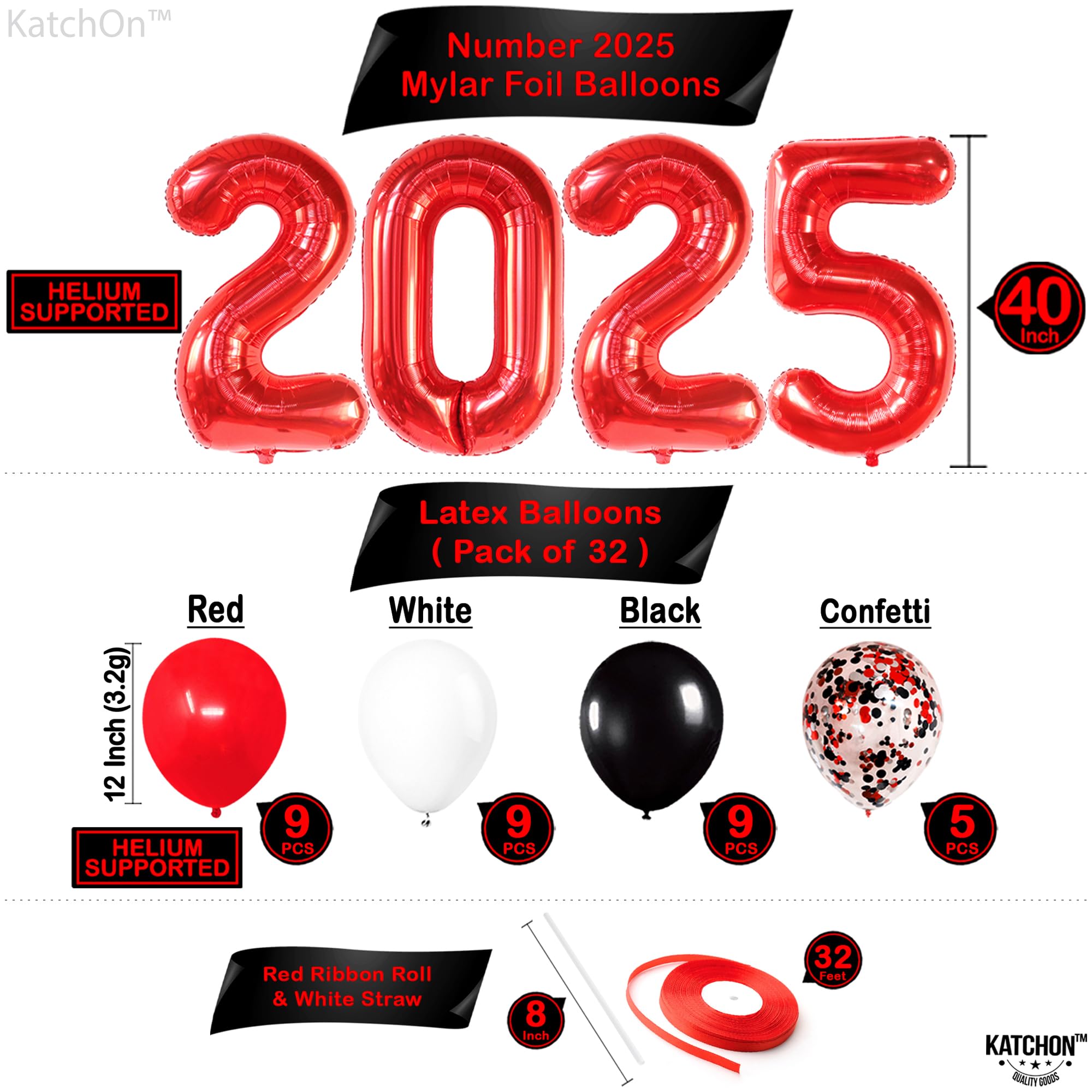 KatchOn 2025 Graduation Decorations Set - 40-Piece Red & Black Balloons, Congrats Grad Banner | Class of 2025 Party Supplies for Graduation Ceremony, High School & College Celebration