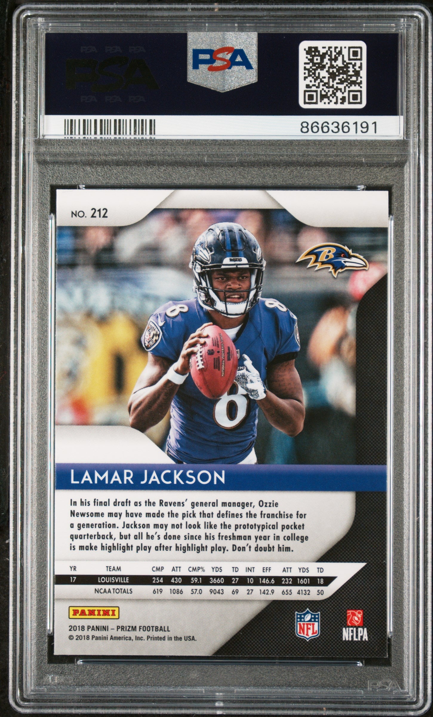 2018 Panini Prizm Lamar Jackson #212 PSA 9 Rookie Card - Football Collectible for Sports Memorabilia & Investment