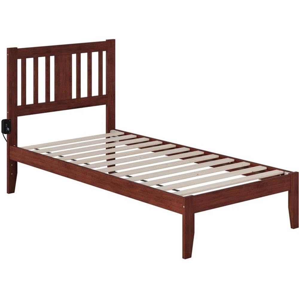 BOWERY HILL Twin Spindle Bed Frame with USB Turbo Charger - Solid Walnut Wood Bed for Small Space - Perfect for Kids Room, Guest Bedroom & Dormitory