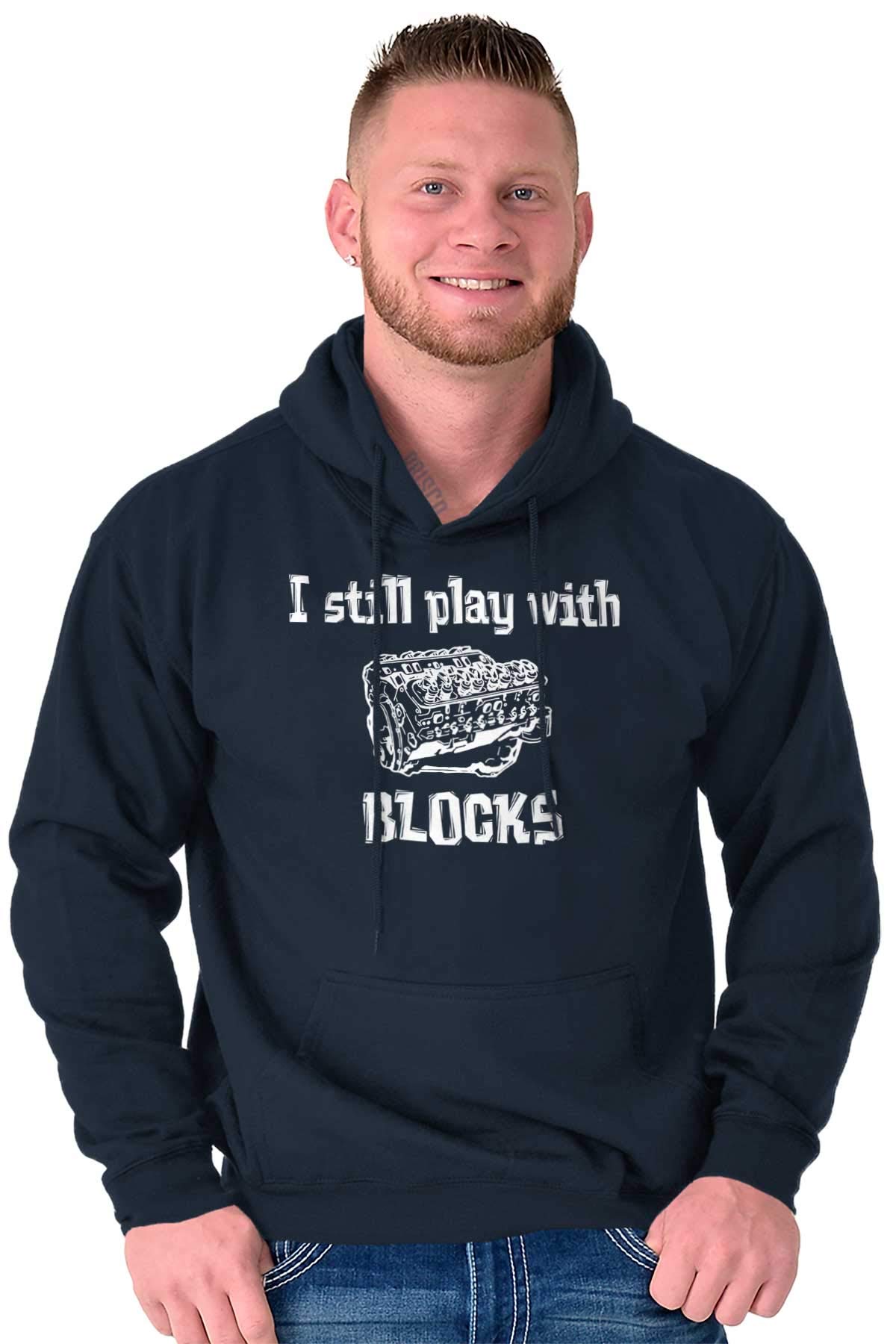 Brisco Brands Play With Blocks Car Engine Mechanic Hoodie - Unisex Pullover Sweatshirt for Men & Women - Perfect for Auto Enthusiasts, Mechanics, and Casual Wear