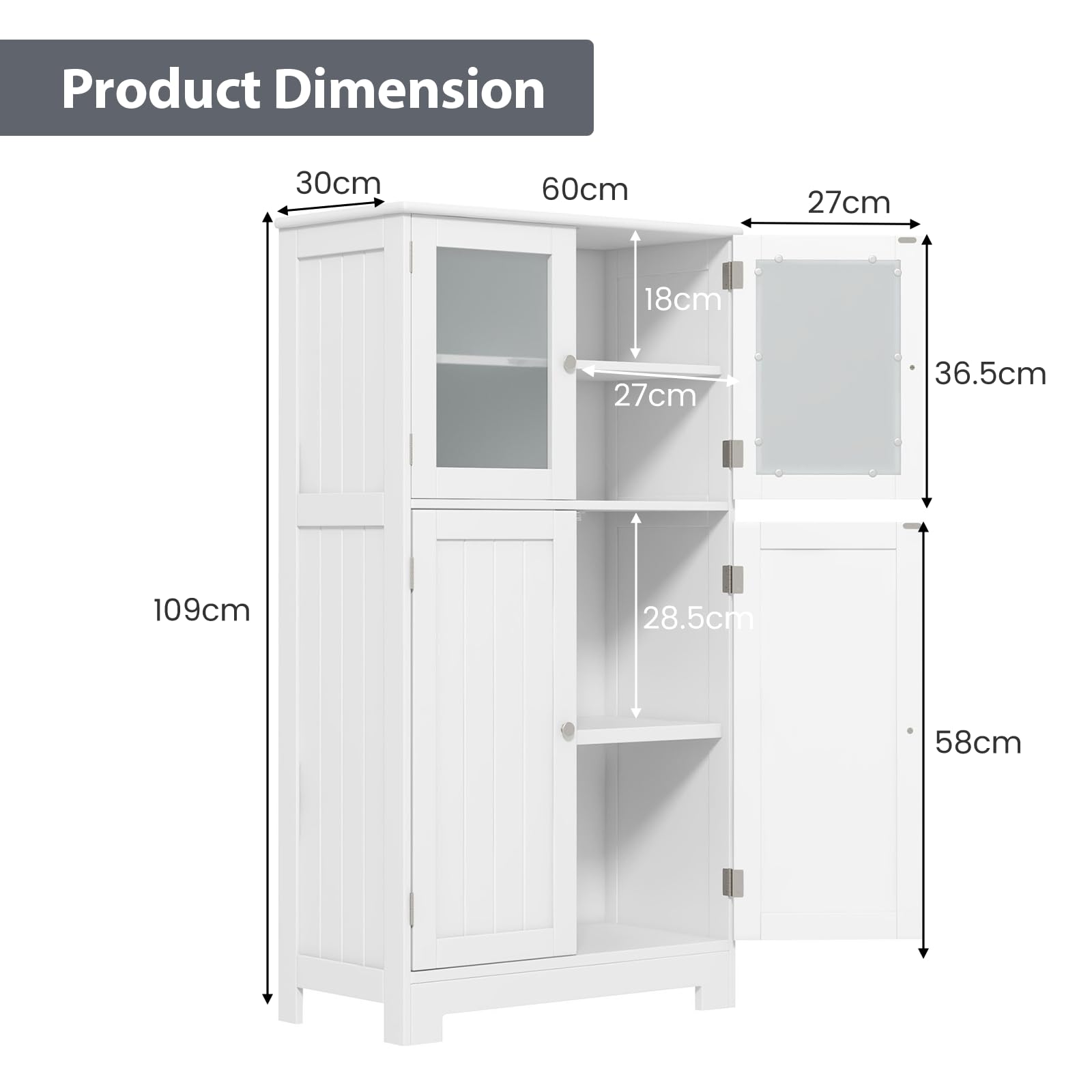 Space-Saving Wooden Bathroom Cabinet with 2 Glass Doors - 30 x 60 x 109 cm White Bathroom Storage Organizer for Small Spaces - Perfect for Bathroom, Kitchen, Living Room & Bedroom Storage Solutions