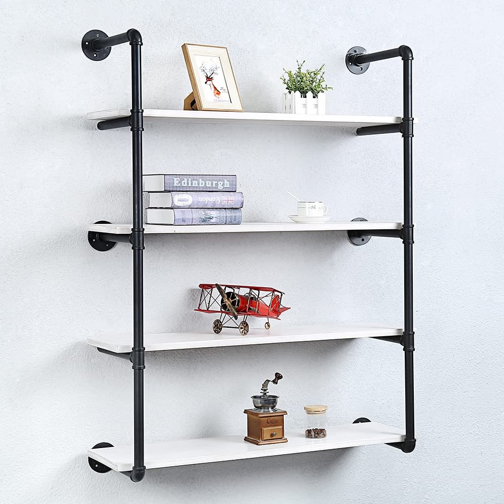 Industrial Pipe Shelving Wall Mounted - 36in Rustic Metal Floating Shelves with Real Wood - Steampunk Style Bookshelf for Farmhouse, Kitchen & Bar (4-Tier) - Perfect for Home Office, Living Room & Bedroom Storage