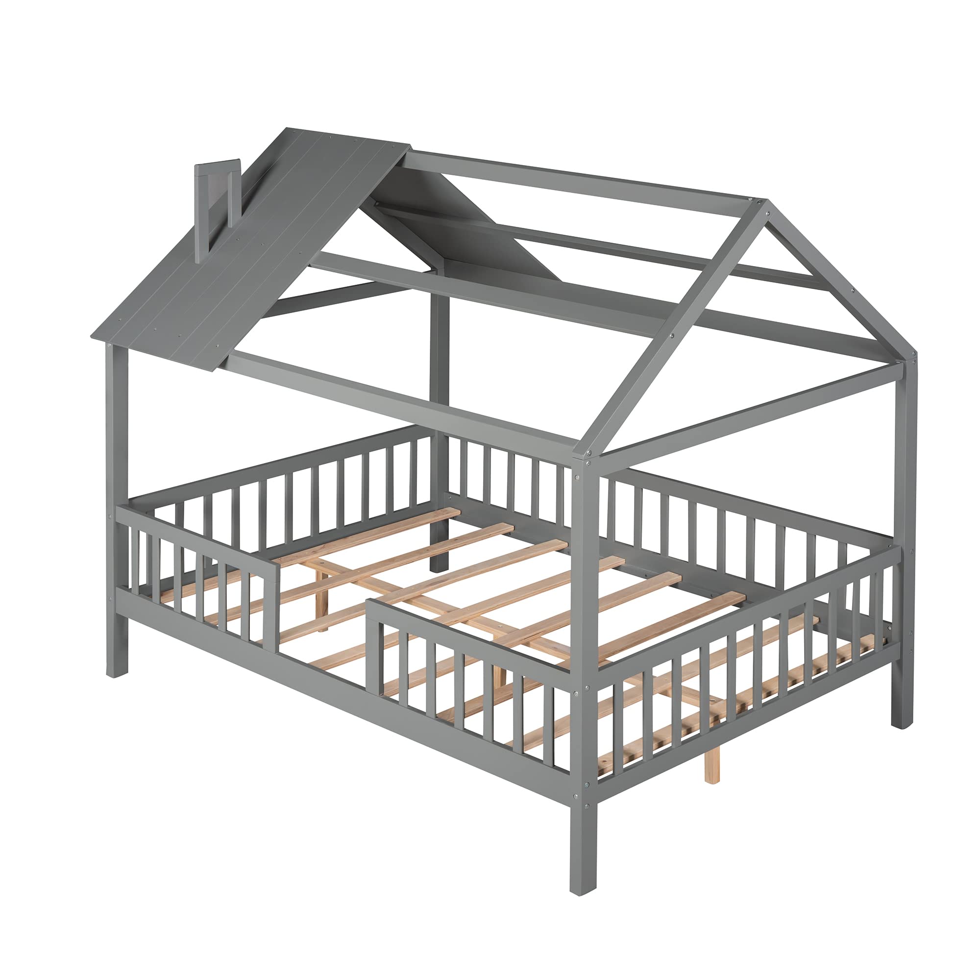 Merax Full House Bed for Kids - Wooden House-Shaped Bed Frame with Roof Windows & Safety Rails - Grey - Perfect for Kids' Bedroom, Playroom & Sleepovers