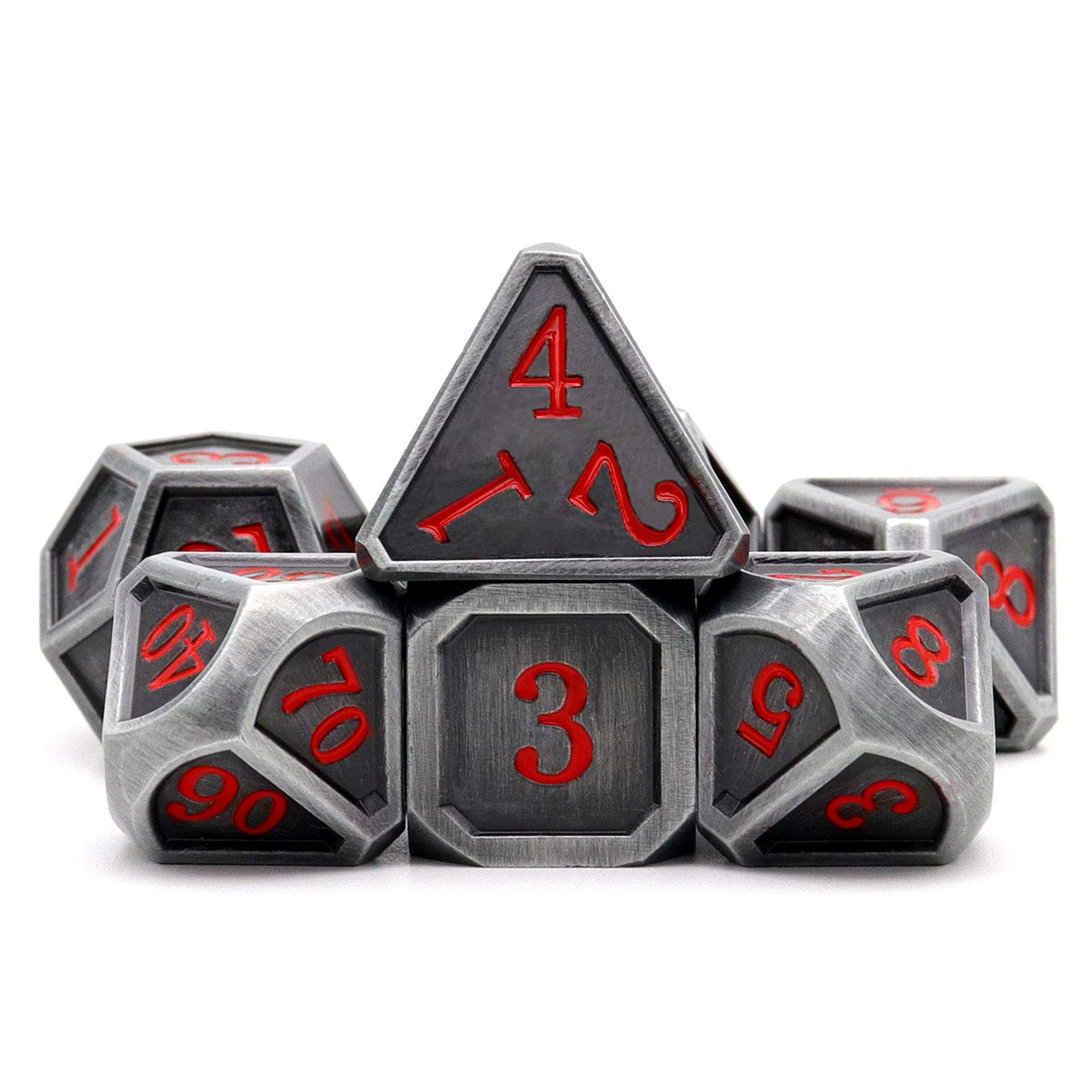 Haxtec 7-Piece Ancient Silver Metal DND Dice Set - Large Rounded Antique Iron RPG Dice with Red Numbers for Dungeons & Dragons, Pathfinder, TTRPG Games - Perfect for Tabletop Roleplaying, Game Nights & Fantasy Gifts (Standard Size)