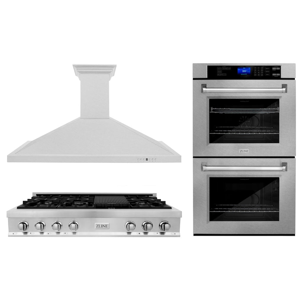 ZLINE 36-inch Stainless Steel Kitchen Package - Satin Rangetop, Convertible Range Hood & Double Wall Oven for Modern Home Cooking | Perfect for Gourmet Chefs & Large Family Meals