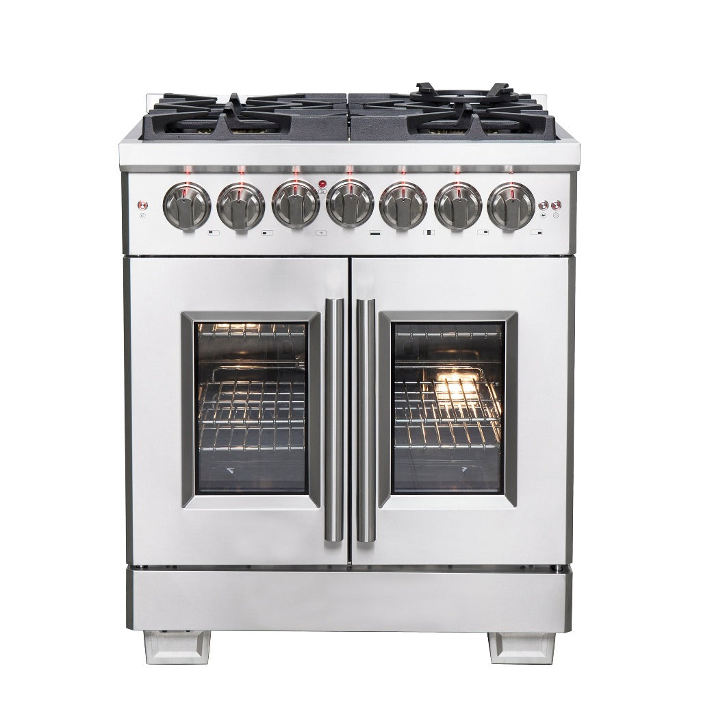 Forno Capriasca 30-inch 4.32 cu. ft. French Door Freestanding Dual Fuel Range - Gas Cooktop & Electric Oven in Stainless Steel (FFSGS6387 30) - Perfect for Modern Kitchens & Professional Cooking