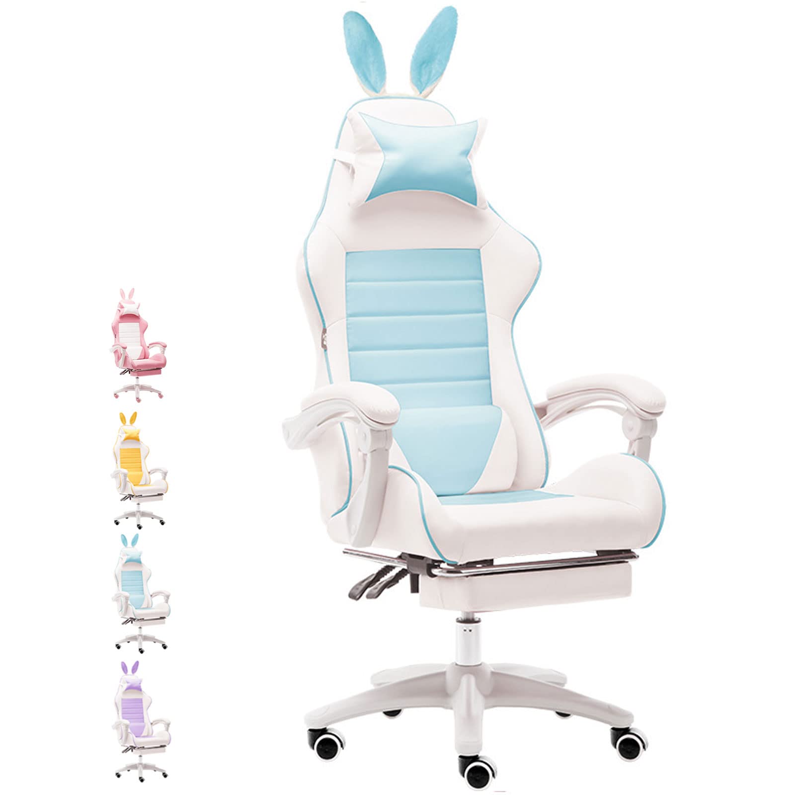 Pink Gaming Chair for Girls - Ergonomic Computer Chair with 150° Recline, Removable Bunny Ear Cushion & Footrest - Leather Swivel Chair for Gaming, Streaming & Home Office Work