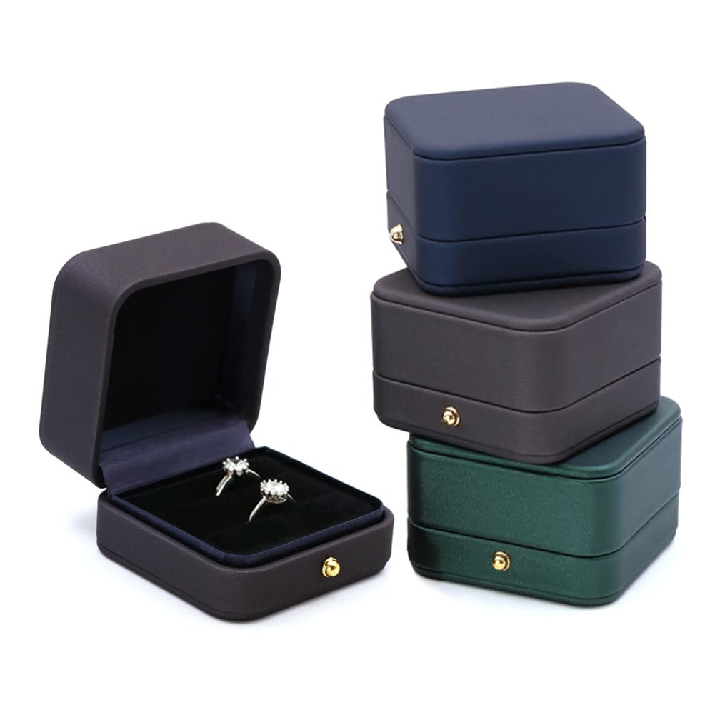 Premium Dark Gray Square Leather Velvet Ring Box - Double Slots Wedding Engagement Jewelry Box for Proposal, Ceremony & Anniversary Gifts | Perfect for Ring Bearers, Romantic Proposals & Special Occasions