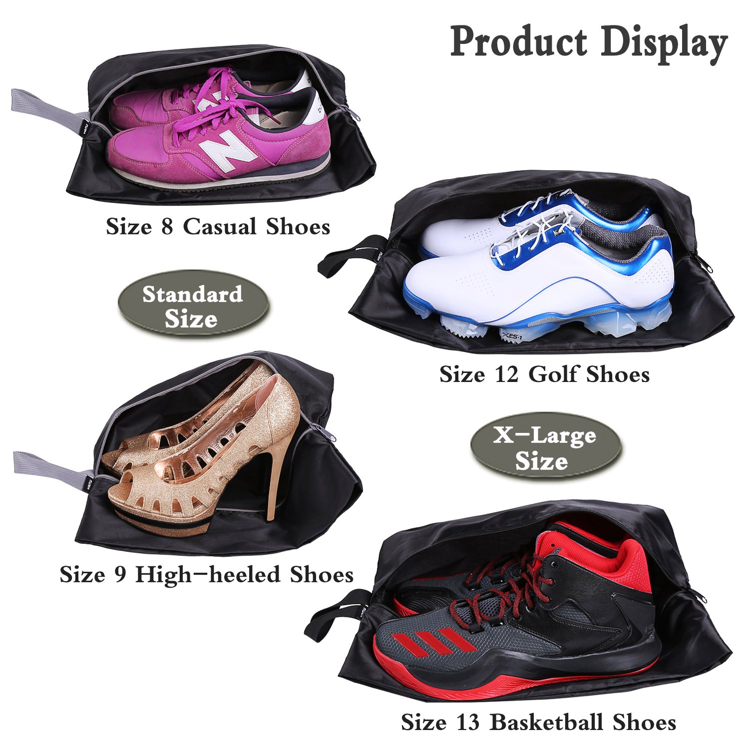 YAMIU Waterproof Travel Shoe Bags Set of 4 - Nylon Zipper Shoe Organizers for Men & Women (Black) - Perfect for Gym, Business Trips & Vacation Packing