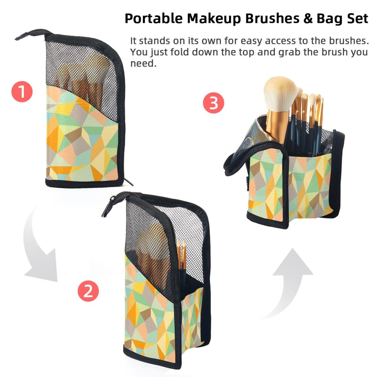 Rainbow Geometric Makeup Brush Organizer Bag with 12 Slots - Portable Travel Cosmetic Brush Holder Case for Professional Makeup Artists & Beginners - Perfect for Home, Travel, and Salon Use