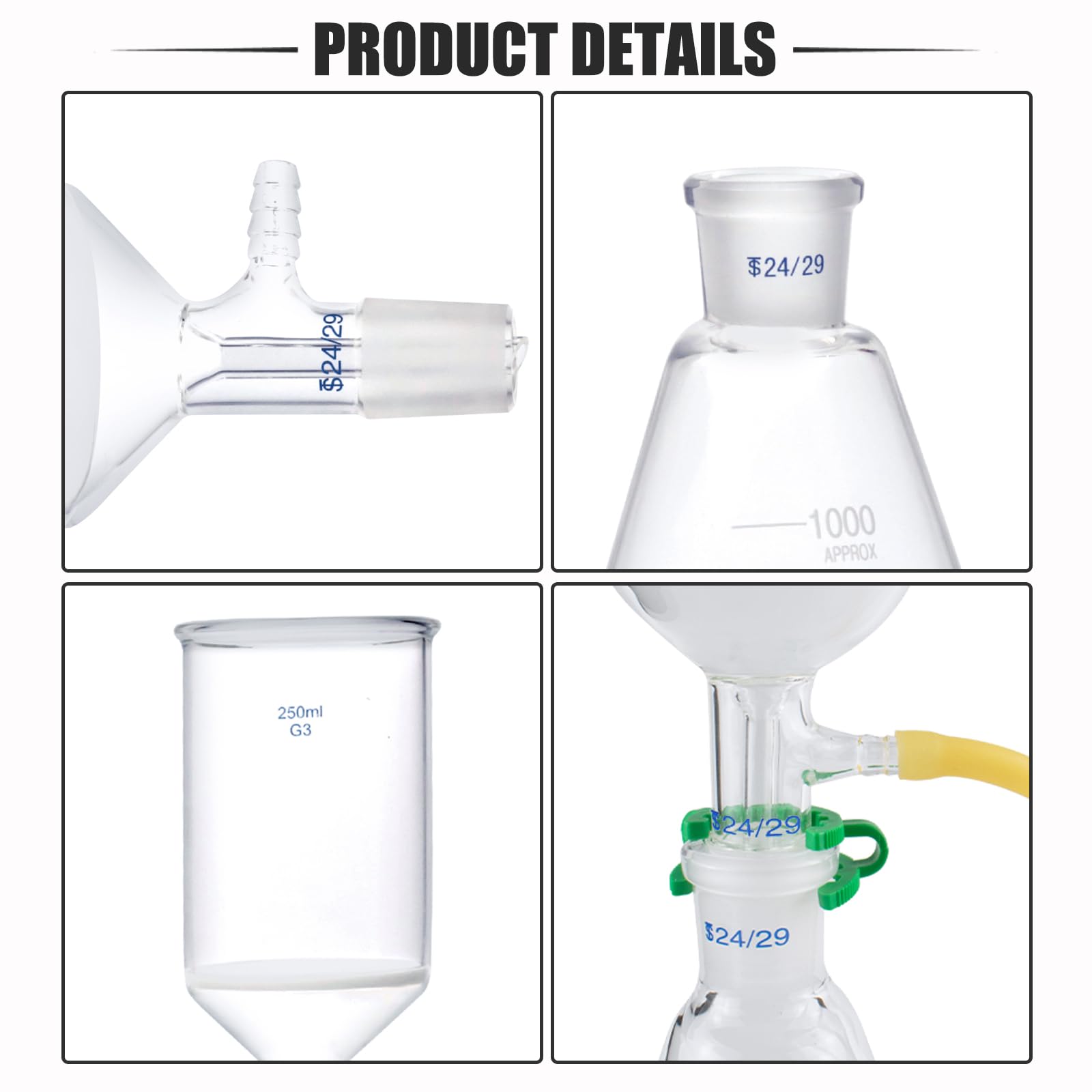 Premium 1000ml Filter Flask & 250ml Buchner Funnel Kit - G3 Borosilicate Glass Vacuum Filtration Distillation Apparatus for Chemistry Labs, Home Brewing, and Essential Oil Extraction