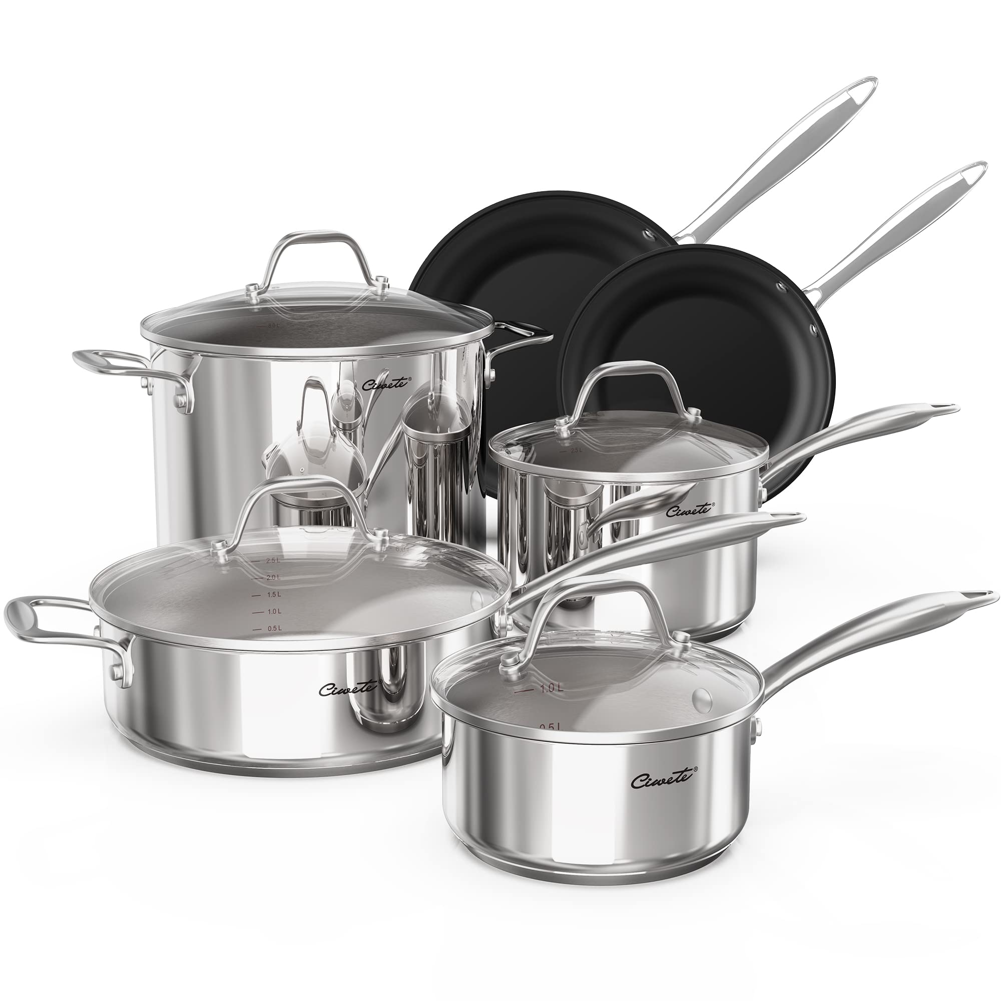 Premium 10-Piece Stainless Steel Cookware Set - Tri-Ply Base, Induction Compatible Pots & Pans with Lids & Nonstick Fry Pan - 18/10 Surgical Grade Steel for Professional Cooking - Perfect for Home Chefs, Restaurants & RV Kitchens