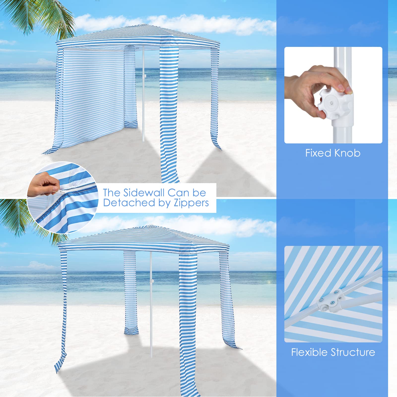 6.7’ x 6.8’ Portable Beach Cabana Tent - Easy Setup Sun Shelter with Adjustable Height, Detachable Sidewall, Carry Bag & 4 Sandbags (NP10352BL) - Perfect for Beach, Poolside, Camping & Outdoor Family Gatherings