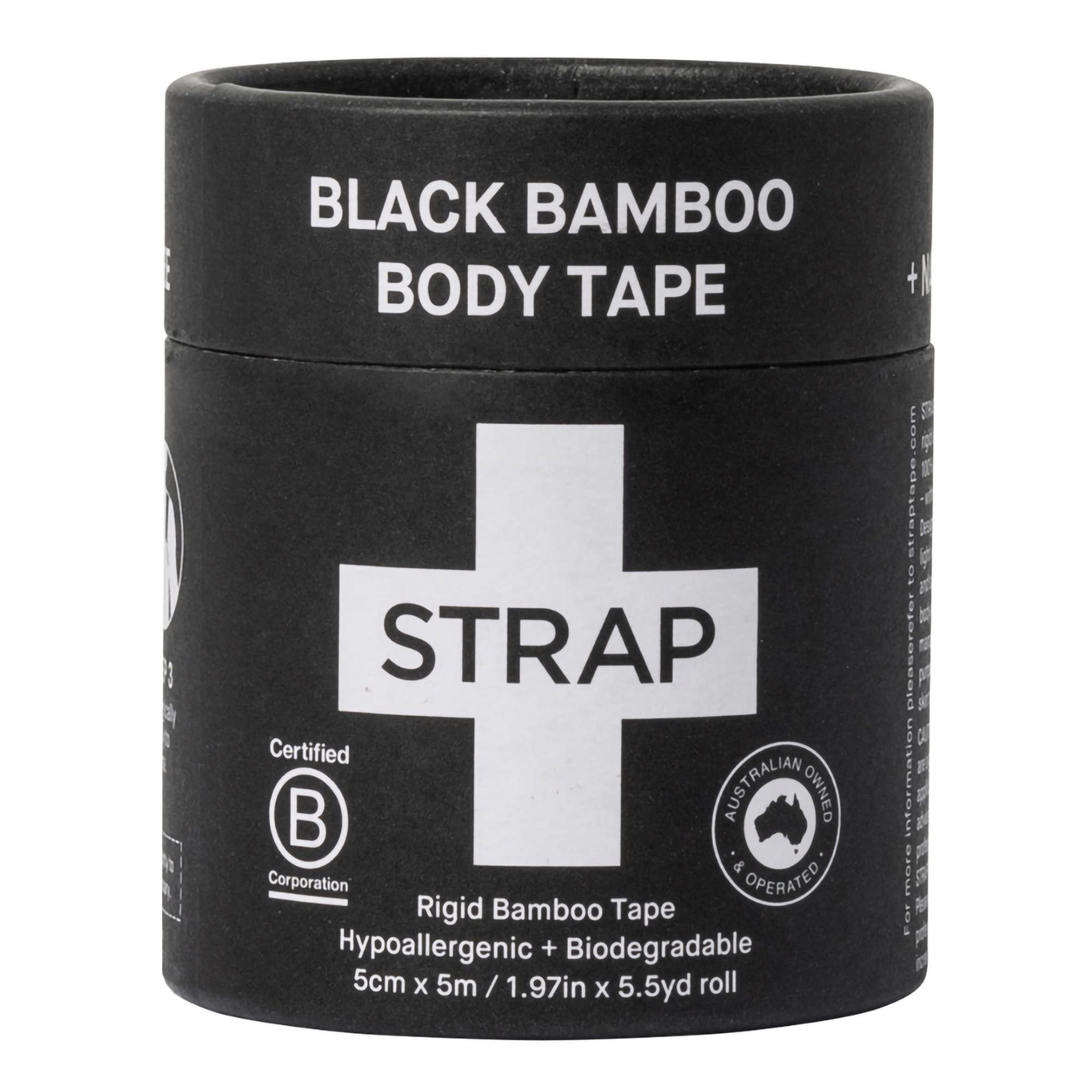 STRAP Black Bamboo Hypoallergenic Body Tape - 16.5ft Sports & Kinesiology Tape for Sensitive Skin | Latex-Free, Vegan, Eco-Friendly Athletic Tape | Perfect for Workouts, Injury Support & Sensitive Skin Care