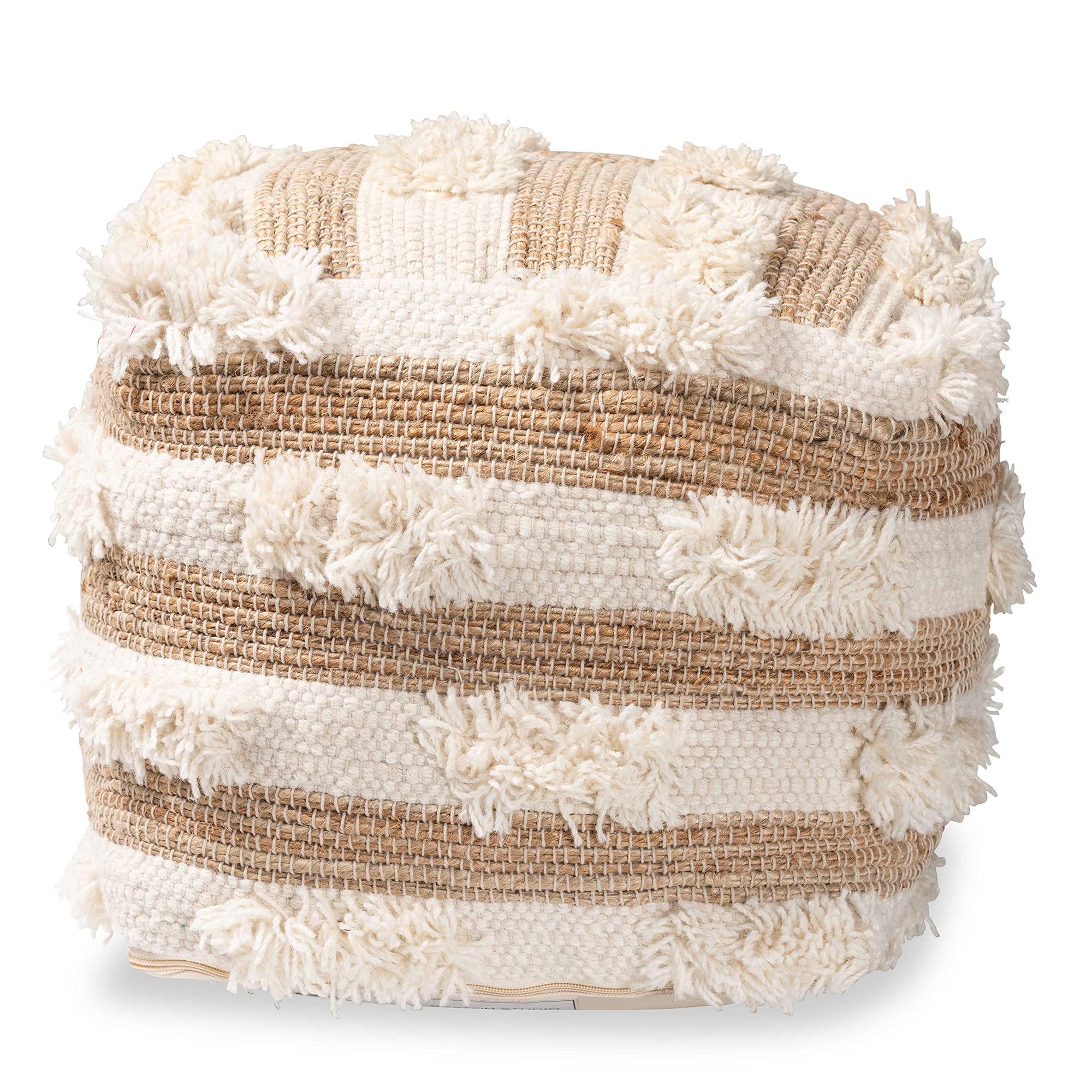 Baxton Studio Basque Modern Moroccan Inspired Handwoven Wool Blend Pouf Ottoman - Natural & Ivory - Perfect for Living Room, Bedroom, or Office Decor