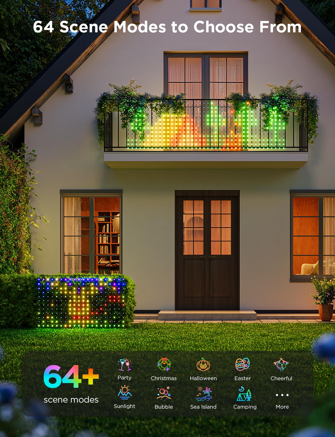 Govee Outdoor RGBIC Smart Net Lights - 2.8 × 9.4ft 480 LEDs with DIY Functions, 64 Lighting Modes, IP65 Waterproof for Bush, Patio, Garden Decor - Alexa & Google Assistant Compatible (Green Wire) - Perfect for Christmas, Halloween, Parties & Outdoor Events
