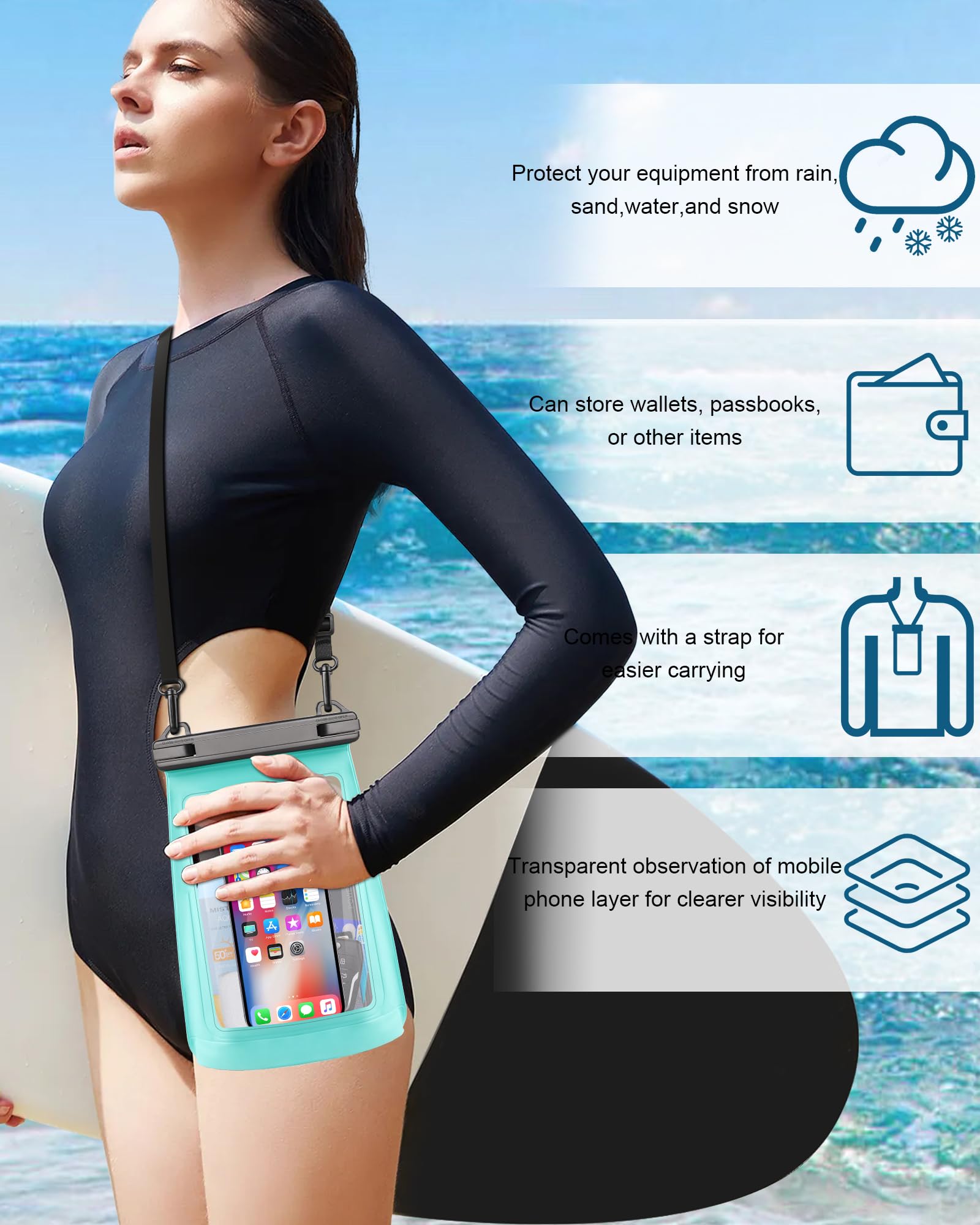 2L Waterproof Phone Pouch for iPhone 16 15 14 11 Pro Max & Galaxy S24 S21 - Floating Dry Bag with Large Capacity for Phone, Keys, Sunscreen & Sunglasses - Oversized Waterproof Case for Beach, Swimming, Kayaking, Boating & Water Sports