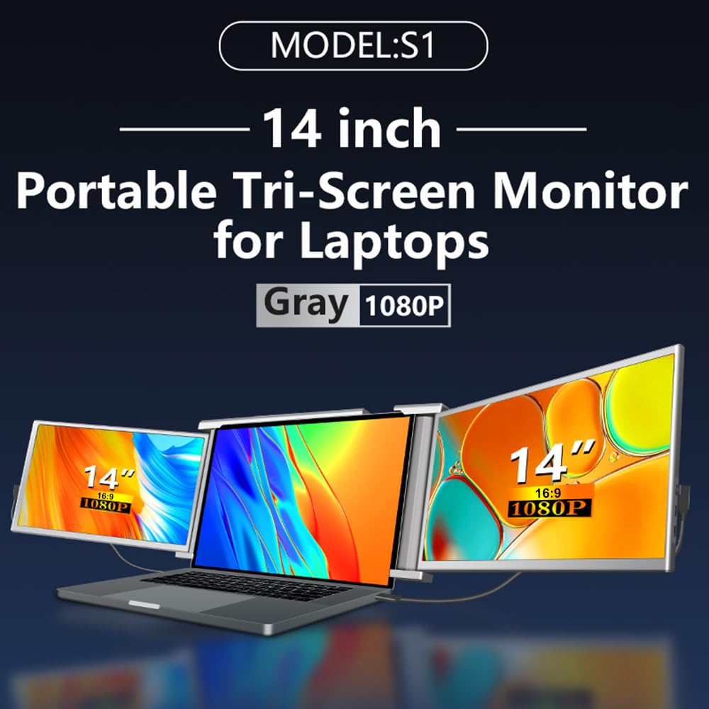 14 Inch Portable Triple Monitor for Laptop - FHD Expansion Screen with 1 Cable for 2 Displays - Compatible with Windows & MacOS for 13.3-16.5 Inch Laptops - Perfect for Work, Gaming & Multitasking