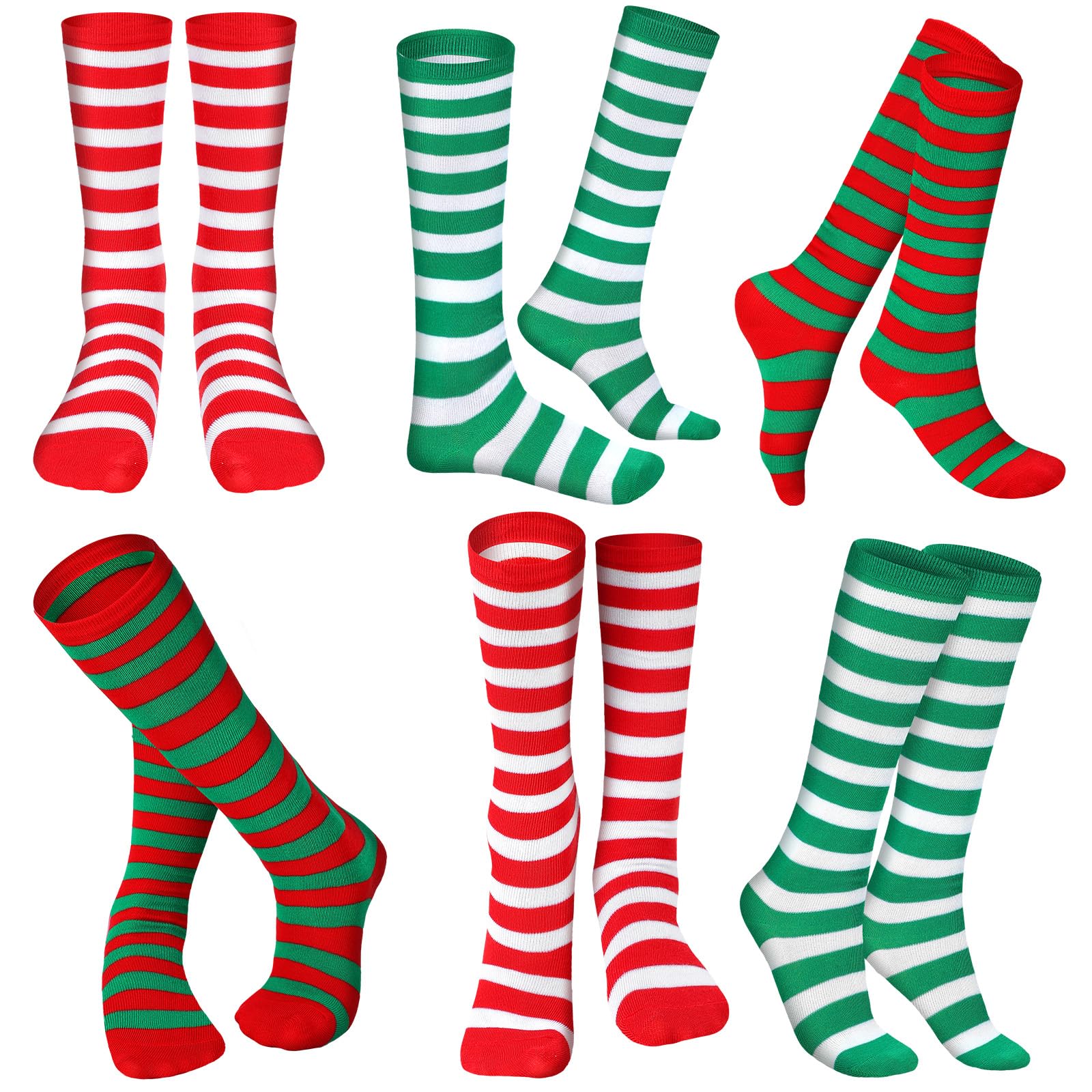 Giegxin 6 Pairs Kids Striped Socks - Red, Blue & White Knee-High Cotton Socks for Toddler Girls | Costume Party, School Uniform, Dance Outfit & Everyday Wear