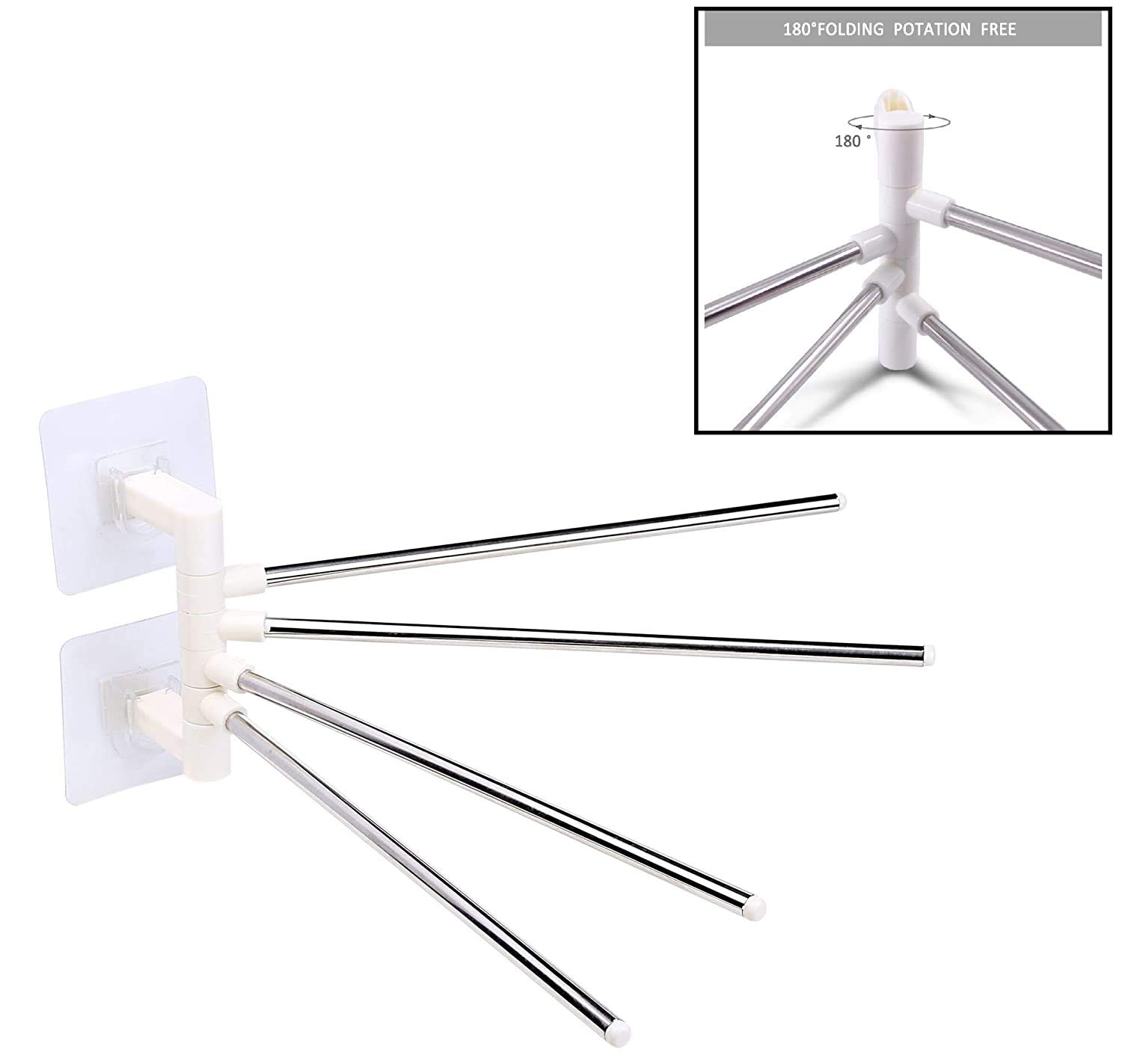 FLBAKO Stainless Steel Self-Adhesive 4-Arm Swing Hanger Towel Rack Holder - Rustproof Wall Mounted Organizer for Kitchen, Bathroom, Laundry Room - Perfect for Hanging Towels, Robes, and Utensils