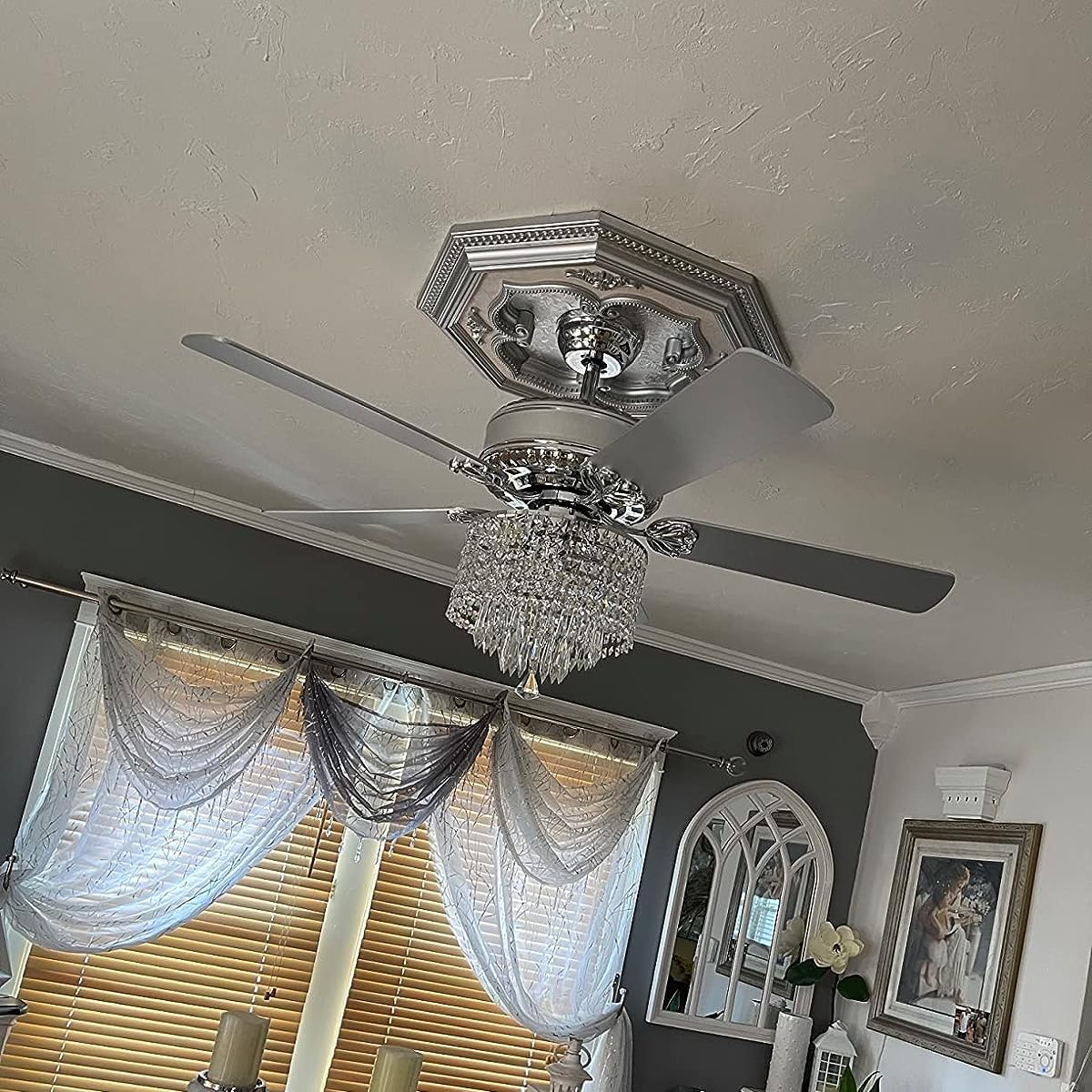 Moooni 52 Inch Modern Crystal Ceiling Fan with Lights and Remote Control - Elegant Chandelier Fan Light Kit (Fandelier) with 5 Wooden Blades - Perfect for Bedroom, Living Room, Dining Room - Silver Finish - Energy Efficient & Quiet Operation