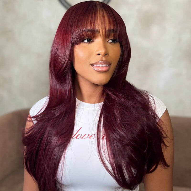 Eullair Dark Burgundy Layered Straight Glueless Human Hair Lace Front Wig with Bangs for Women - Perfect for Daily Wear, Cosplay & Special Occasions