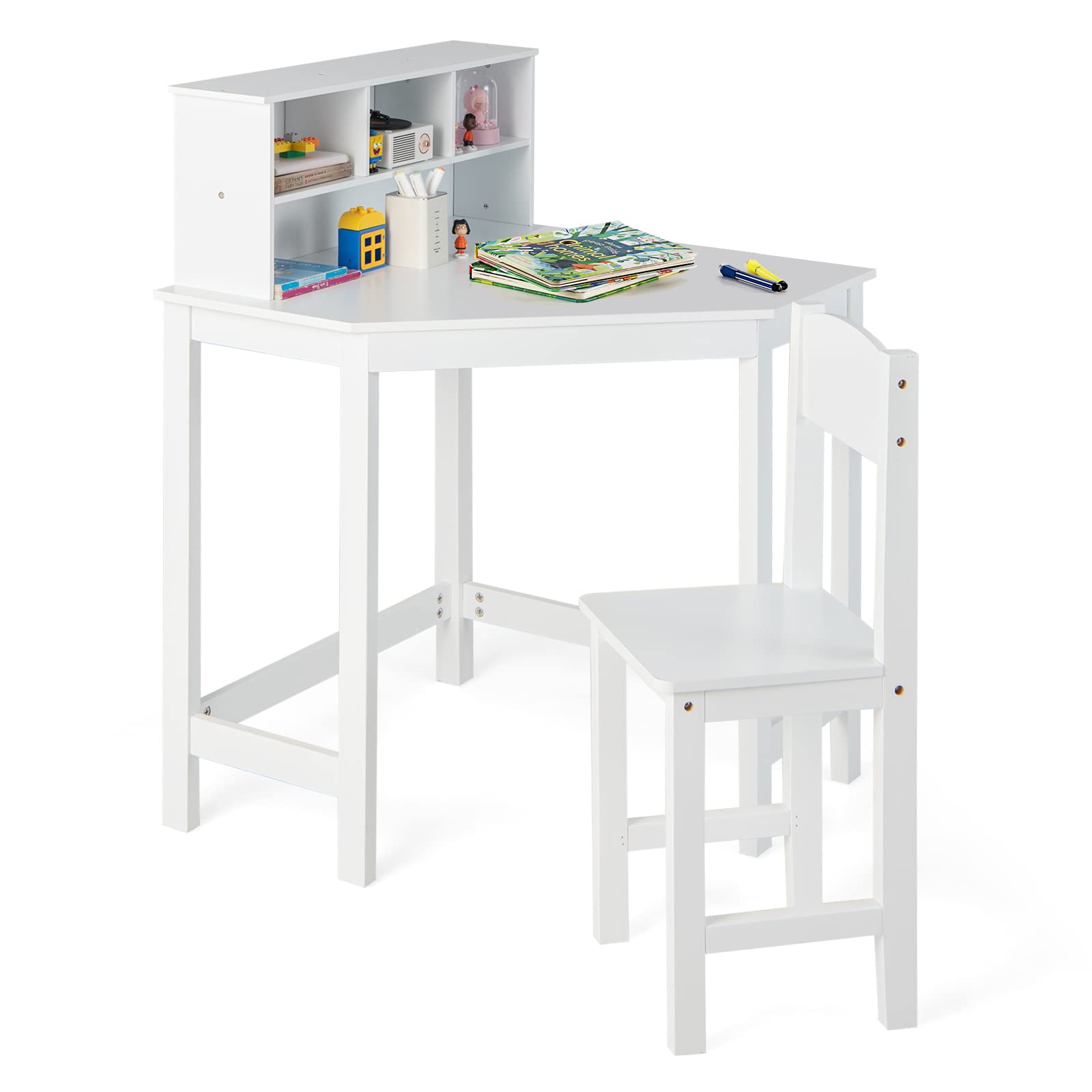 Costzon Kids Desk and Chair Set - White Study Table with Hutch for Small Spaces | Children's Bedroom & School Workstation | Space-Saving Computer Desk for Homework, Online Learning & Creative Activities