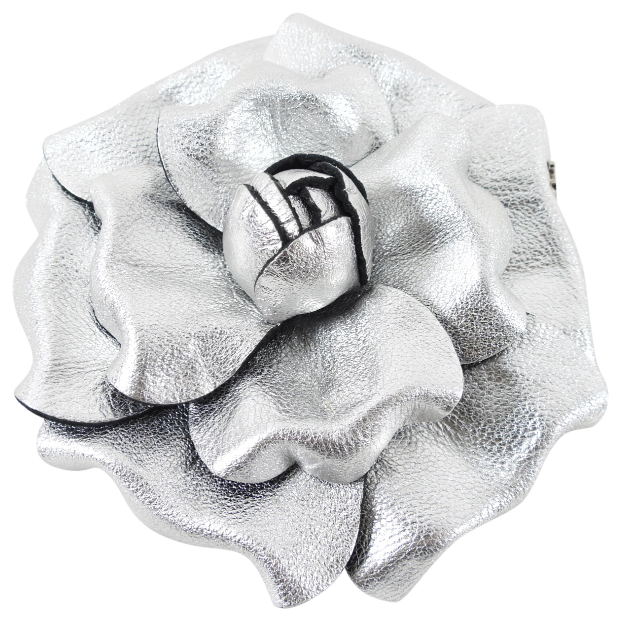 Chanel Silver Camellia Flower Brooch Pin - Elegant Floral Fashion Accessory for Women | Perfect for Dresses, Jackets, Scarves & Special Occasions