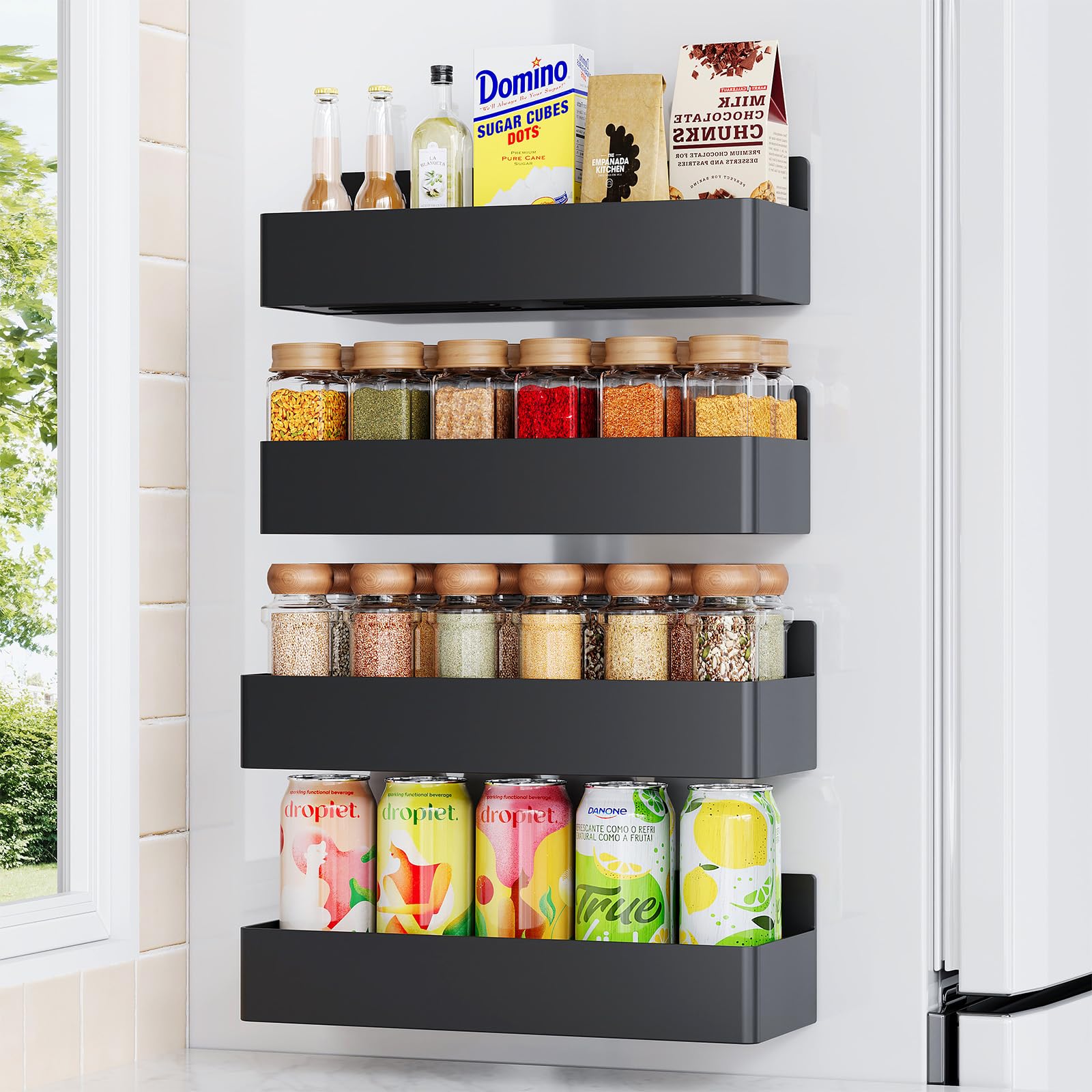 Black Magnetic Spice Rack for Refrigerator - 4 Pack Kitchen Organizer & Storage Shelf | Space-Saving Spice Jars Holder for Pantry, Cabinet, Office & Dorm Room