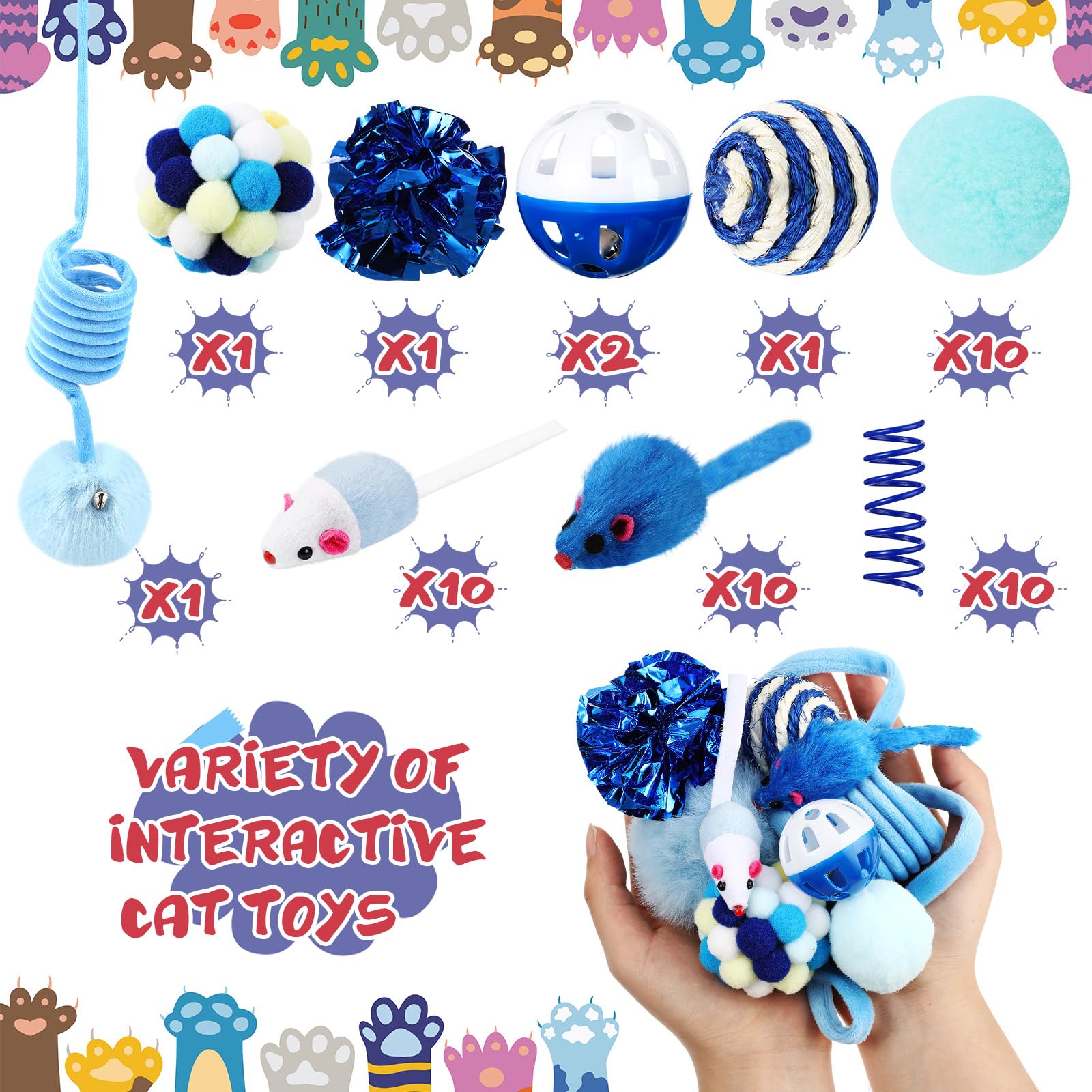 46 Pcs Cat Toys Set - Interactive Cute Cat Toys with Fur Mice, Rattle Springs, Crinkle Balls, Pompom Bell & Sisal Ball Puzzle Chase Toys for Kittens - Indoor Play & Gift Ideas (Blue) | Perfect for Boredom Relief, Exercise & Bonding with Your Feline Friend