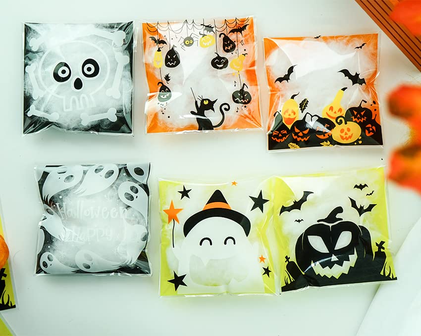 300Pcs Halloween Trick or Treat Bags - Clear Self-Adhesive Cellophane Candy Bags for Party Favors, Snacks & Gifts - 6 Styles - Perfect for Halloween Decorations, School Parties & Trick-or-Treating