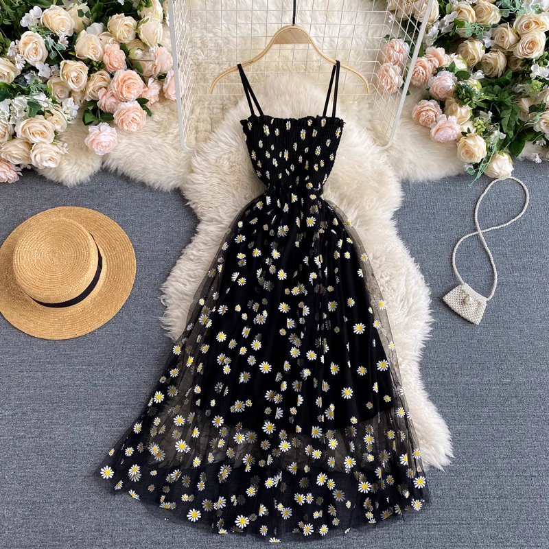 Fairy Summer Spaghetti Strap Dress - Floral Mesh Embroidered Midi Skirt with Chrysanthemum Design | Boho Chic Beach Dress for Women, Perfect for Vacations, Parties and Date Nights