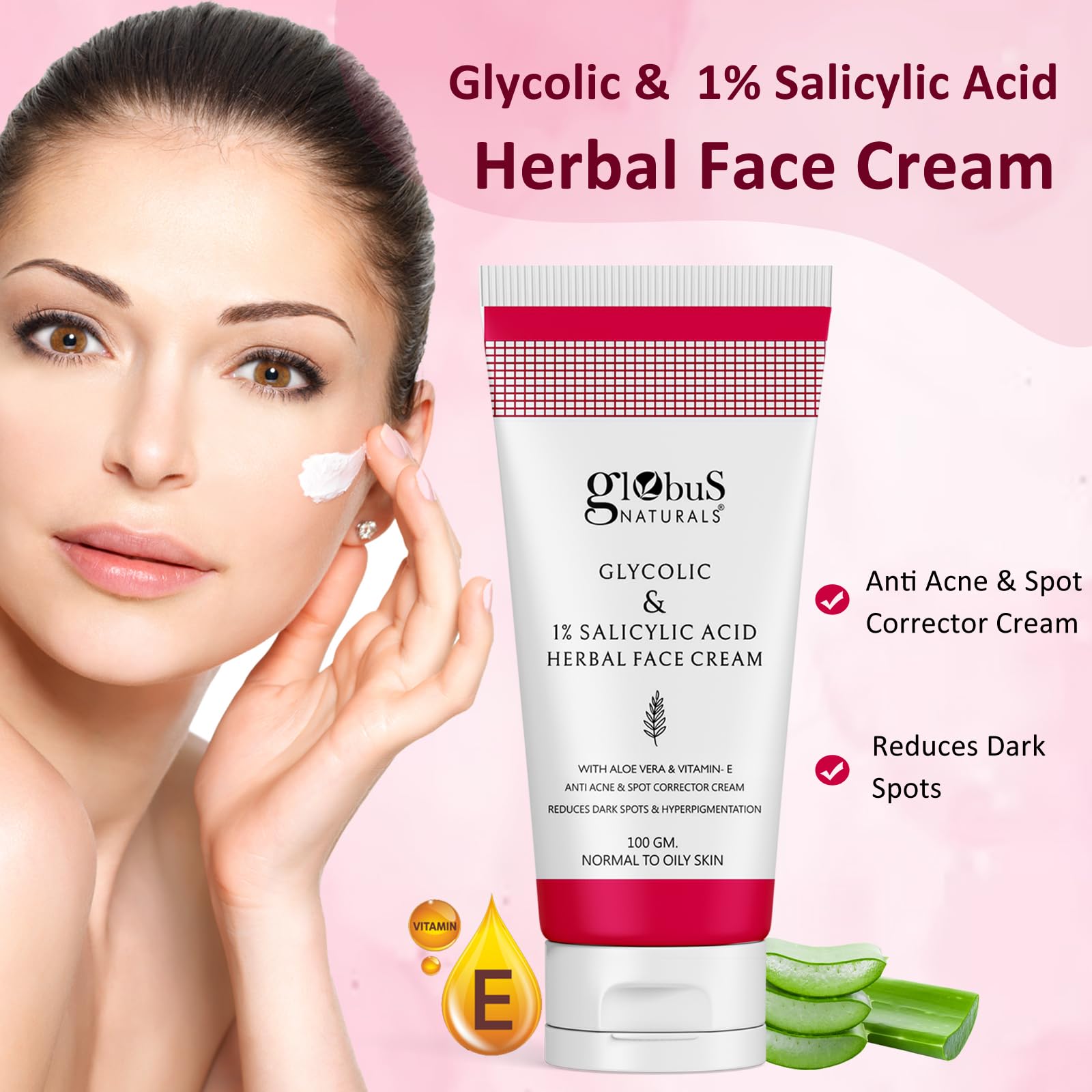 Globus Naturals Glycolic & 1% Salicylic Acid Anti-Acne Face Cream with Licorice & Oats - Reduces Dark Spots, Hyperpigmentation & Breakouts - 100g for Clear, Glowing Skin | Perfect for Daily Skincare Routine & Acne-Prone Skin