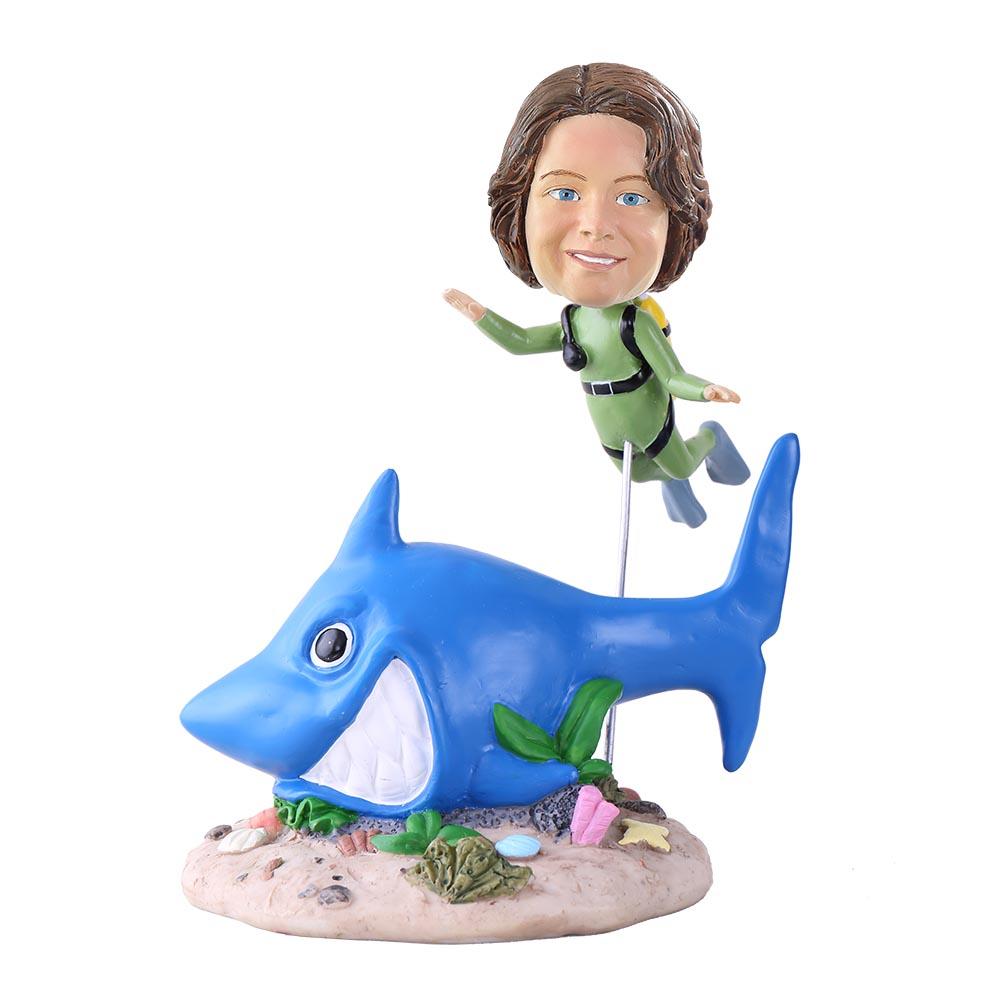 Custom Green Wetsuit for Scuba Diving with Shark Bobblehead - Perfect for Ocean Adventures, Diving Enthusiasts & Shark Lovers